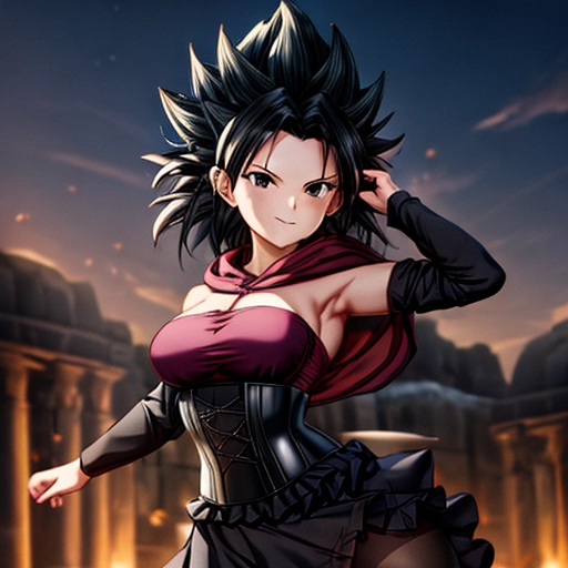 1girls adapted_costume ai_generated ai_hands armpits bare_shoulders black_hair black_pantyhose blurry_background blush breasts capelet caulifla cleavage closed_mouth cosplay cowboy_shot detached_sleeves dragon_ball dragon_ball_super dress female female_focus female_only female_saiyan frilled_skirt fully_clothed long_sleeves looking_at_viewer medium_breasts night night_sky outdoors pantyhose red_capelet ruby_rose_(cosplay) saiyan saiyan_girl skirt sky smile solo solo_female solo_focus spiked_hair standing strapless top_view