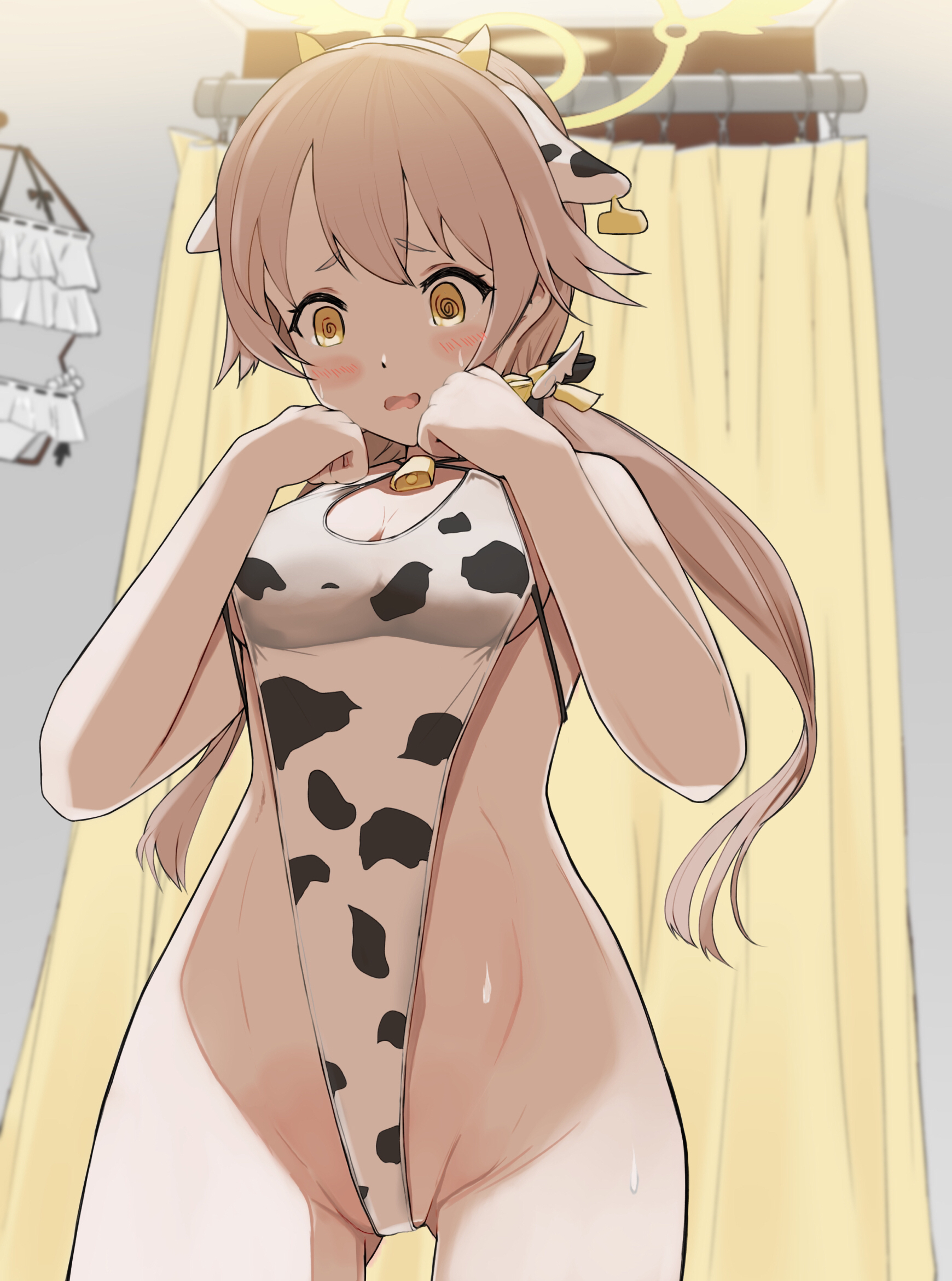 1girls, bikini, bizen kurage, blue archive, breasts, brown hair, changing room, clothes hanger, cow ears, cow horns, cow print, cow print swimsuit, cowbell, curtains, ear tag, fake animal ears, fake horns, female, halo, hifumi (blue archive), highleg, highleg swimsuit, make-up work club (blue archive), medium breasts, one-piece swimsuit, swimsuit, trinity general school student, twintails, white bikini, white swimsuit, yellow eyes