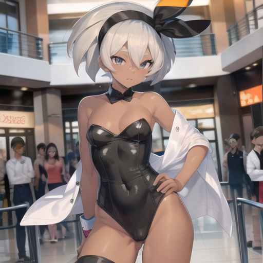 1girls 2d ai_generated bare_arms bare_back bare_shoulders bare_thighs bea_(pokemon) big_breasts black_bunny_ears black_leotard bow_tie bowtie breasts brown_body brown_skin bunny_ears bunny_girl bunny_tail bunnygirl bunnysuit cleavage dark-skinned_female exposed_breasts female female_only fluffy gray_eyes gray_hair grey_hair highres leotard lingerie looking_at_viewer low-angle_view mall medium_breasts nintendo partially_clothed playboy_bunny pokemon pokemon_ss pov pussy sad short_hair solo thick thick_ass thick_thighs