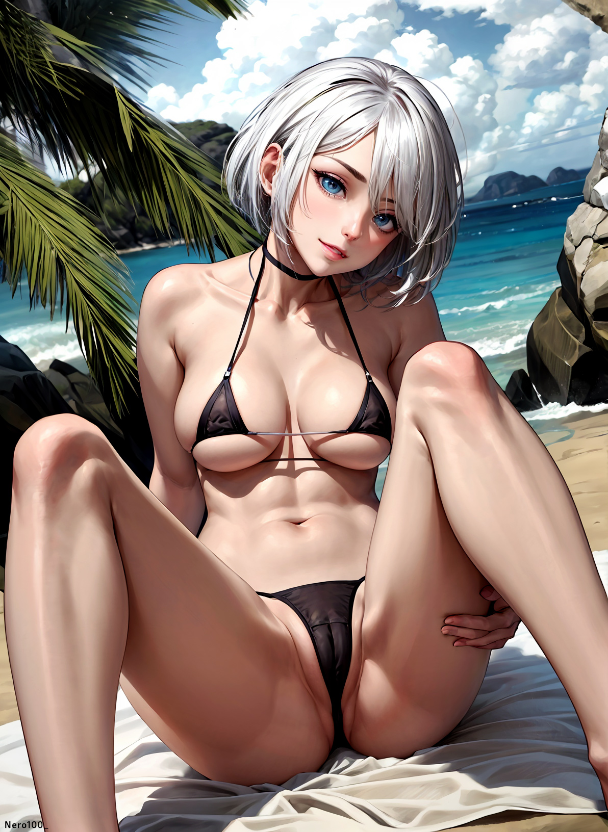 1girls, ai generated, athletic, athletic female, bare shoulders, beach, belly, big breasts, bikini, bikini bottom, bikini top, black bikini, breasts, cameltoe, choker, collar, cowboy shot, curvy, curvy figure, detailed, eyelashes, female, female only, fit, fit female, high quality, horny, light skin, light-skinned female, lipstick, looking at viewer, mascara, medium breasts, muscular, navel, nier: automata, ocean, pale skin, pale-skinned female, posing, pussy, sea, seaside, short hair, silver hair, sitting, solo, stable diffusion, stomach, string bikini, string panties, tagme, thighs, thin waist, white hair, yorha 2b, young
