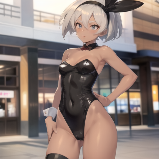 1girls 2d ai_generated bare_arms bare_back bare_shoulders bare_thighs bea_(pokemon) big_breasts black_bunny_ears black_leotard bow_tie bowtie breasts brown_body brown_skin bunny_ears bunny_girl bunny_tail bunnygirl bunnysuit cleavage dark-skinned_female exposed_breasts female female_only fluffy gray_eyes gray_hair grey_hair highres leotard lingerie looking_at_viewer low-angle_view mall medium_breasts nintendo partially_clothed playboy_bunny pokemon pokemon_ss pov pussy sad short_hair solo thick thick_ass thick_thighs