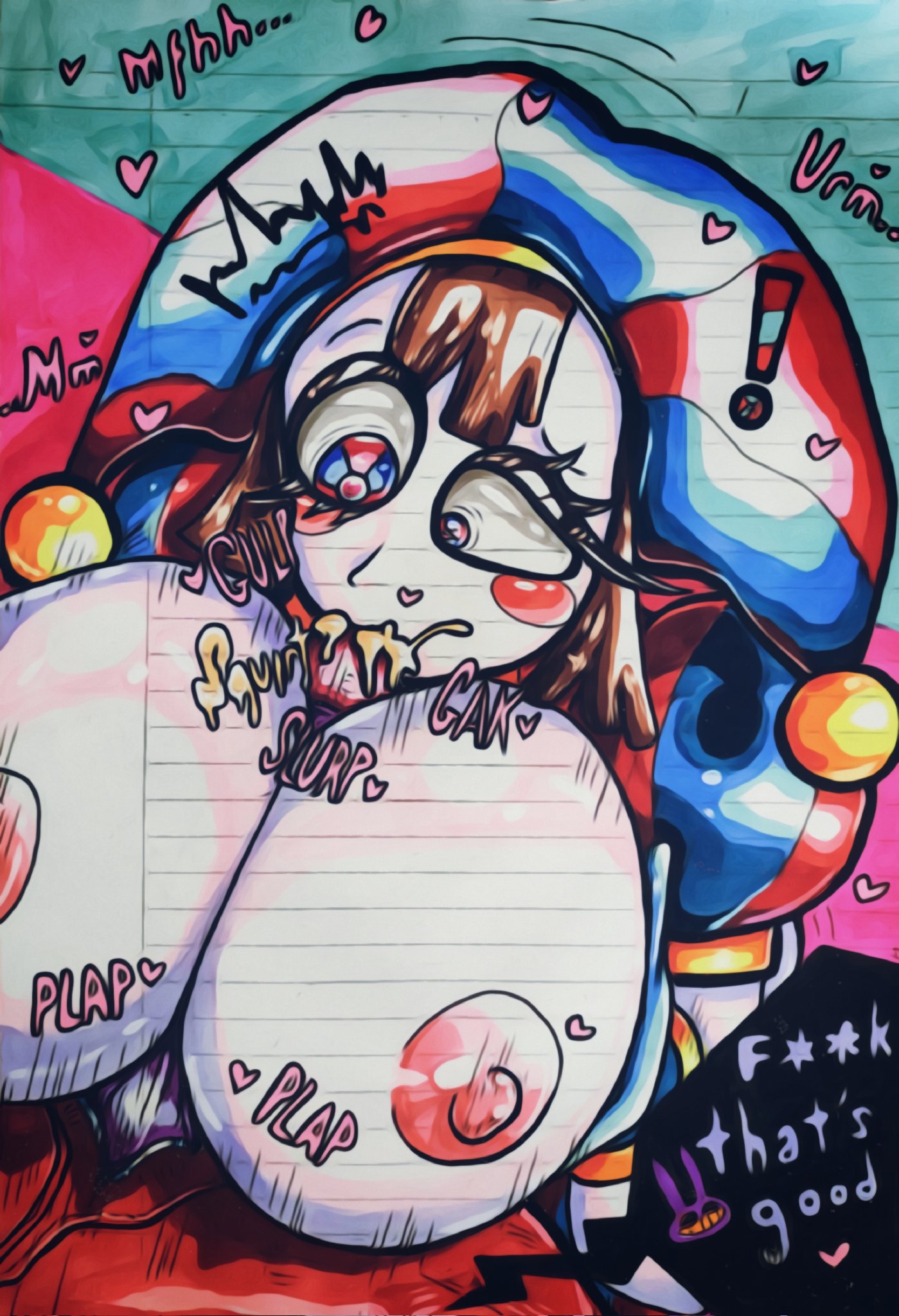 2023, 2d, 2d (artwork), 2d artwork, artist request, big breasts, blowjob, breasts, brown hair, cum, cum in mouth, dialogue, dialogue box, female, glitch productions, gloves, gooseworx, heart, huge breasts, jax (the amazing digital circus), jester, jester cap, jester costume, jester girl, jester hat, jester outfit, looking down, male, moaning, nipples, paizuri, penis, pomni, pomni (the amazing digital circus), purple penis, short hair, straight, the amazing digital circus, titjob, white body