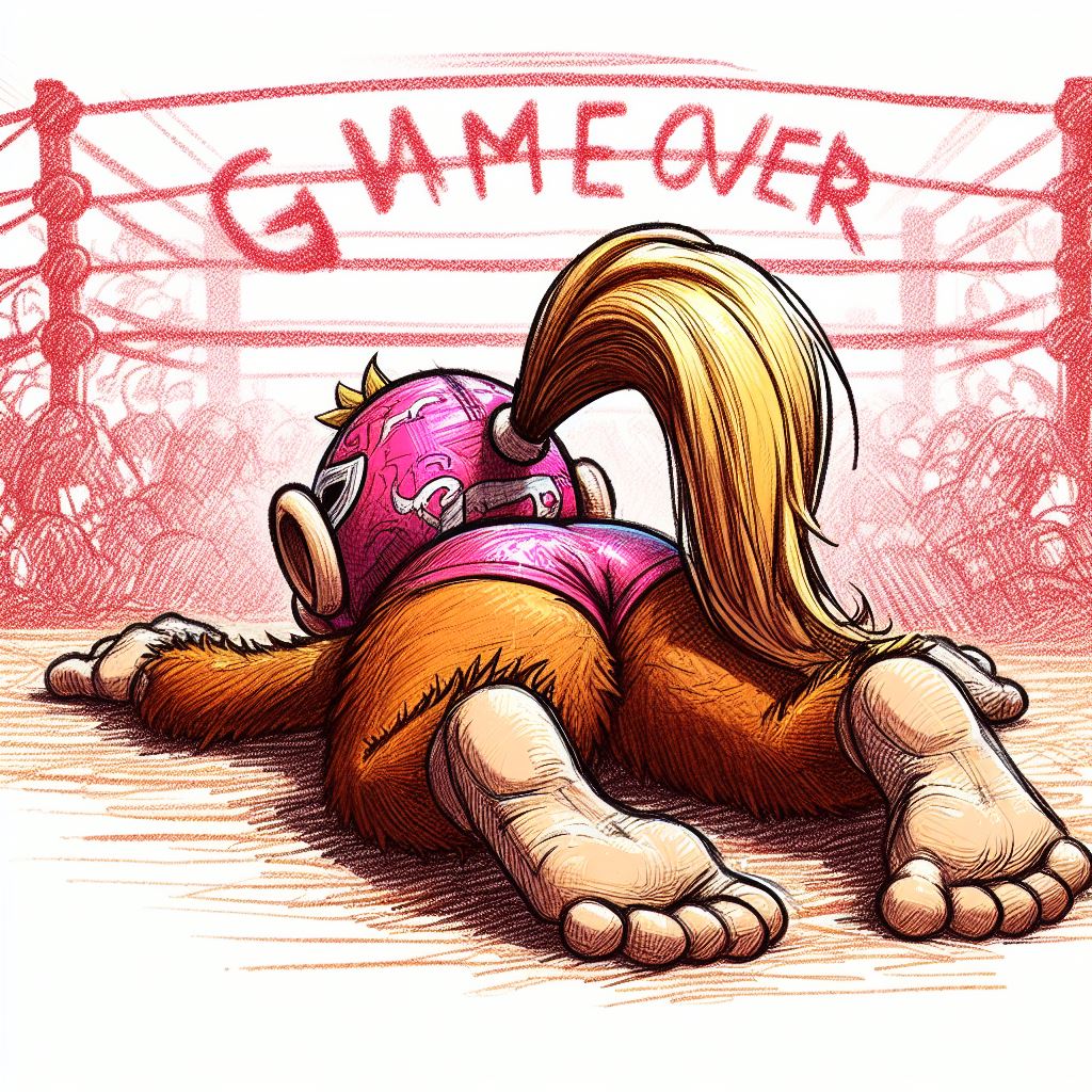 ai_generated barefoot blonde_hair defeated dixie_kong donkey_kong_(series) female furry game_over green_eyes knocked_out luchador_mask tagme wrestling_ring