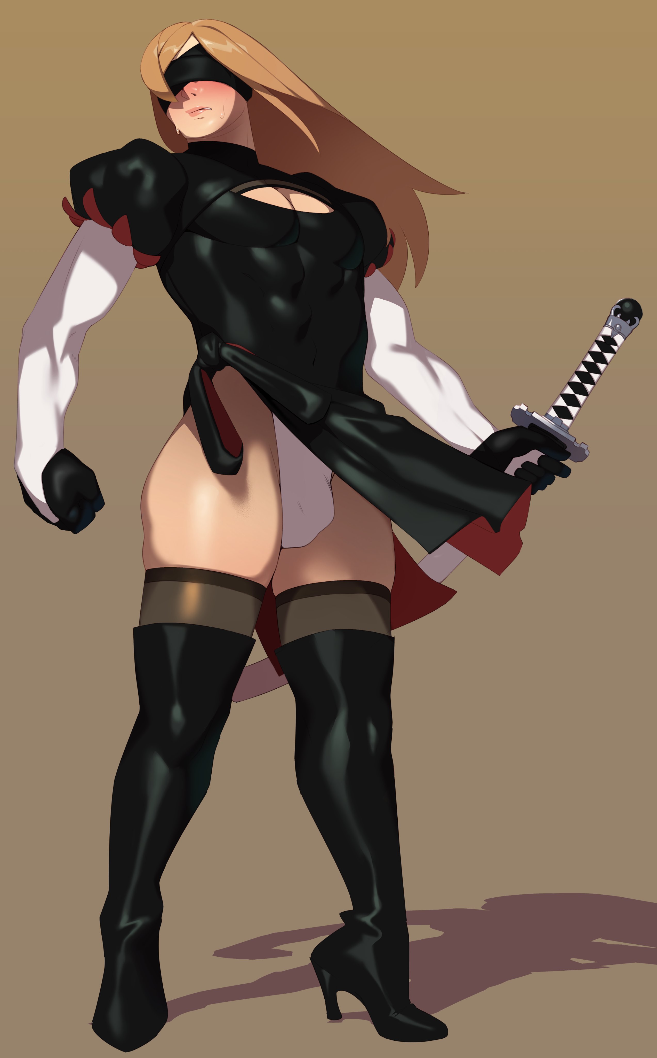 1boy, absurd res, ambush (trap), blindfold, blush, brown hair, bulge, combos-n-doodles, cosplay, crossdressing, high heel boots, high heels, katana, long hair, male, male only, masculine crossdresser, muscular, muscular male, nier, nier (series), nier: automata, penis, penis bulge, solo, stockings, yorha 2b (cosplay)