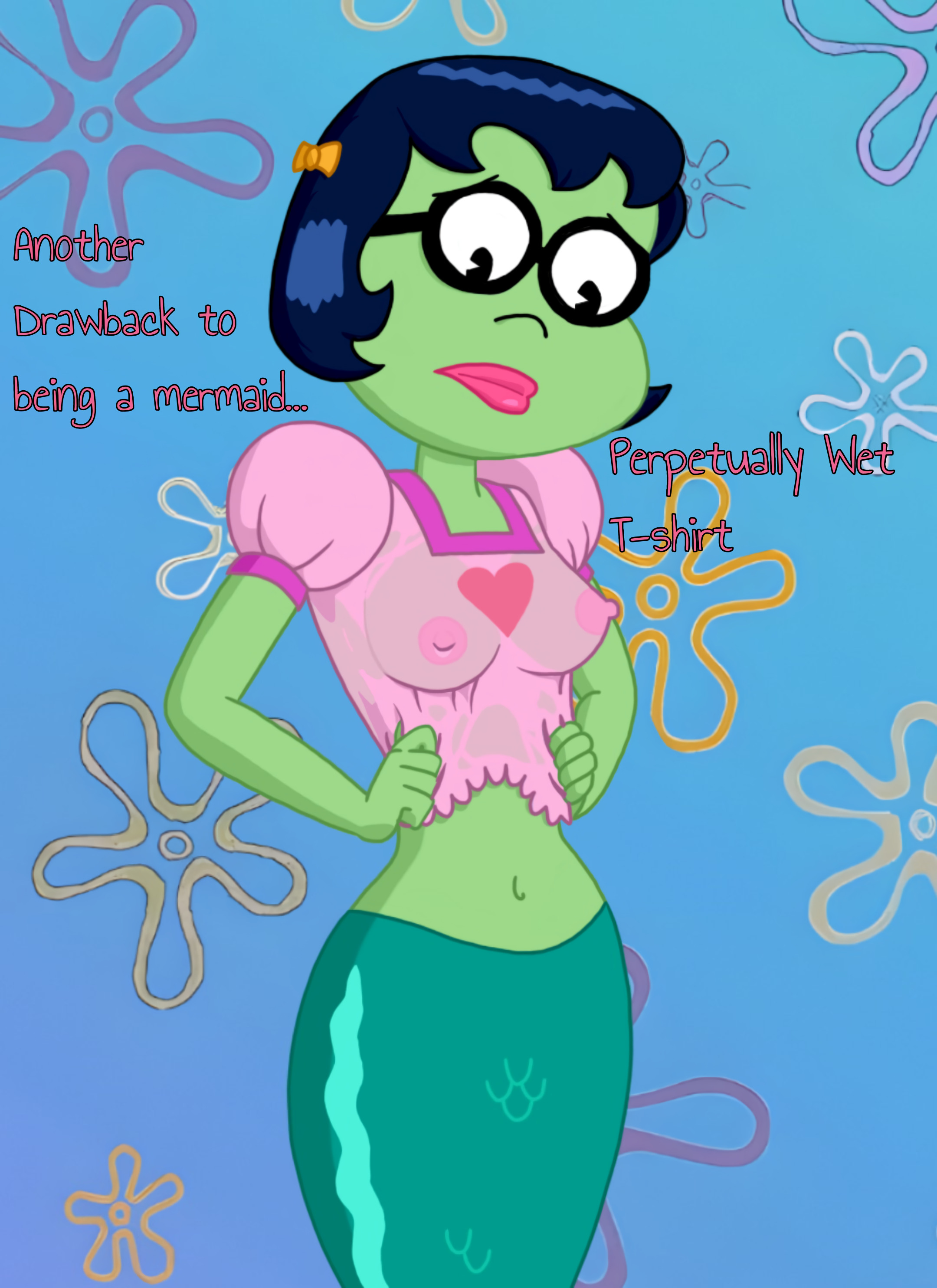 black glasses, blue hair, color, colored, erect nipples, female, fish girl, fish humanoid, fish tail, glasses, nickelodeon, nipples, nipples visible through clothing, princess, princess mindy, short hair, solo, spongebob squarepants, wet, wet body, wet clothes, yellow bow