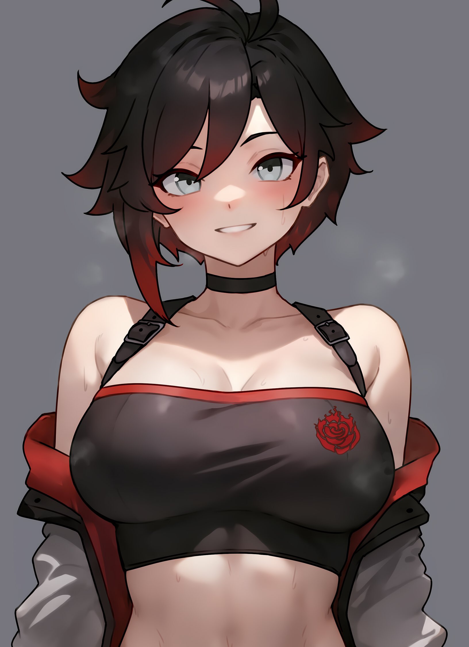 1girls, alternate breast size, bluefield, breasts, clothed, female, female only, hi res, large breasts, light skin, light-skinned female, red hair, ruby rose, rwby, short hair, silver eyes