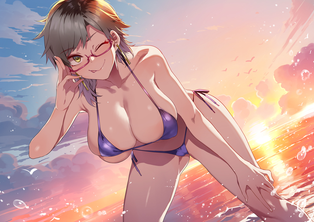 1girls 2023 :p beach bent_over big_breasts bikini breasts cameltoe cleavage cloud cloudy_sky earrings emoechi_pro glasses grey_hair hand_on_own_knee jewelry large_breasts looking_at_viewer micro_bikini mikami_manon mizuryuu_kei one_eye_closed purple_bikini semi-rimless_eyewear short_hair side-tie_bikini skindentation sky smile smiling smiling_at_viewer solo solo_female sun sunset swimsuit tongue tongue_out virtual_youtuber water yellow_eyes