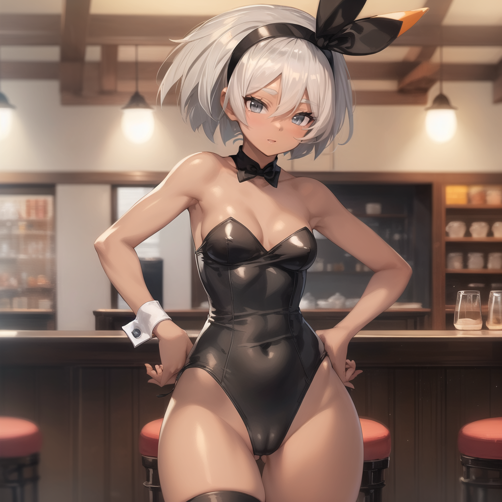 1girls 2d ai_generated bare_arms bare_back bare_shoulders bare_thighs bea_(pokemon) big_breasts black_bunny_ears black_leotard bow_tie bowtie breasts brown_body brown_skin bunny_ears bunny_girl bunny_tail bunnygirl bunnysuit cleavage dark-skinned_female exposed_breasts female female_only fluffy gray_eyes gray_hair grey_hair highres leotard lingerie looking_at_viewer low-angle_view mall medium_breasts nintendo partially_clothed playboy_bunny pokemon pokemon_ss pov pussy sad short_hair solo thick thick_ass thick_thighs