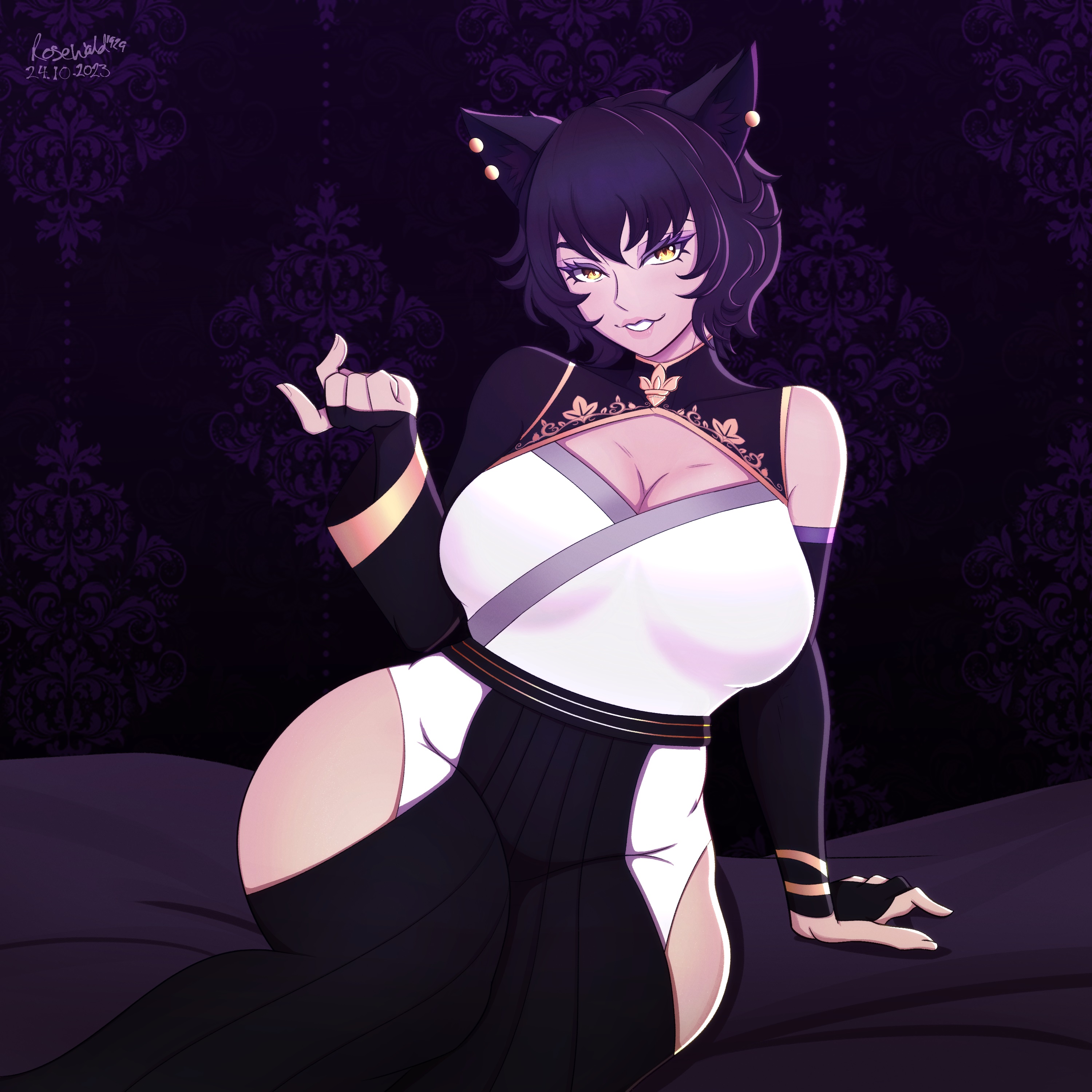 1girls, 2023, 2d, 2d (artwork), alternate version available, amber eyes, artist name, artist signature, background pattern, beckoning, big breasts, big cleavage, cat ears, cat girl, cat humanoid, catgirl, cleavage, clothed, dated, faunus, female, golden eyes, kali belladonna, large breasts, looking at viewer, male, mature female, milf, non-human, non-human only, questionable, rooster teeth, rosewald1929, rwby, seductive, seductive eyes, seductive gaze, seductive look, seductive pose, seductive smile, sfw, sheets, smile, smiling at viewer, solo, solo female