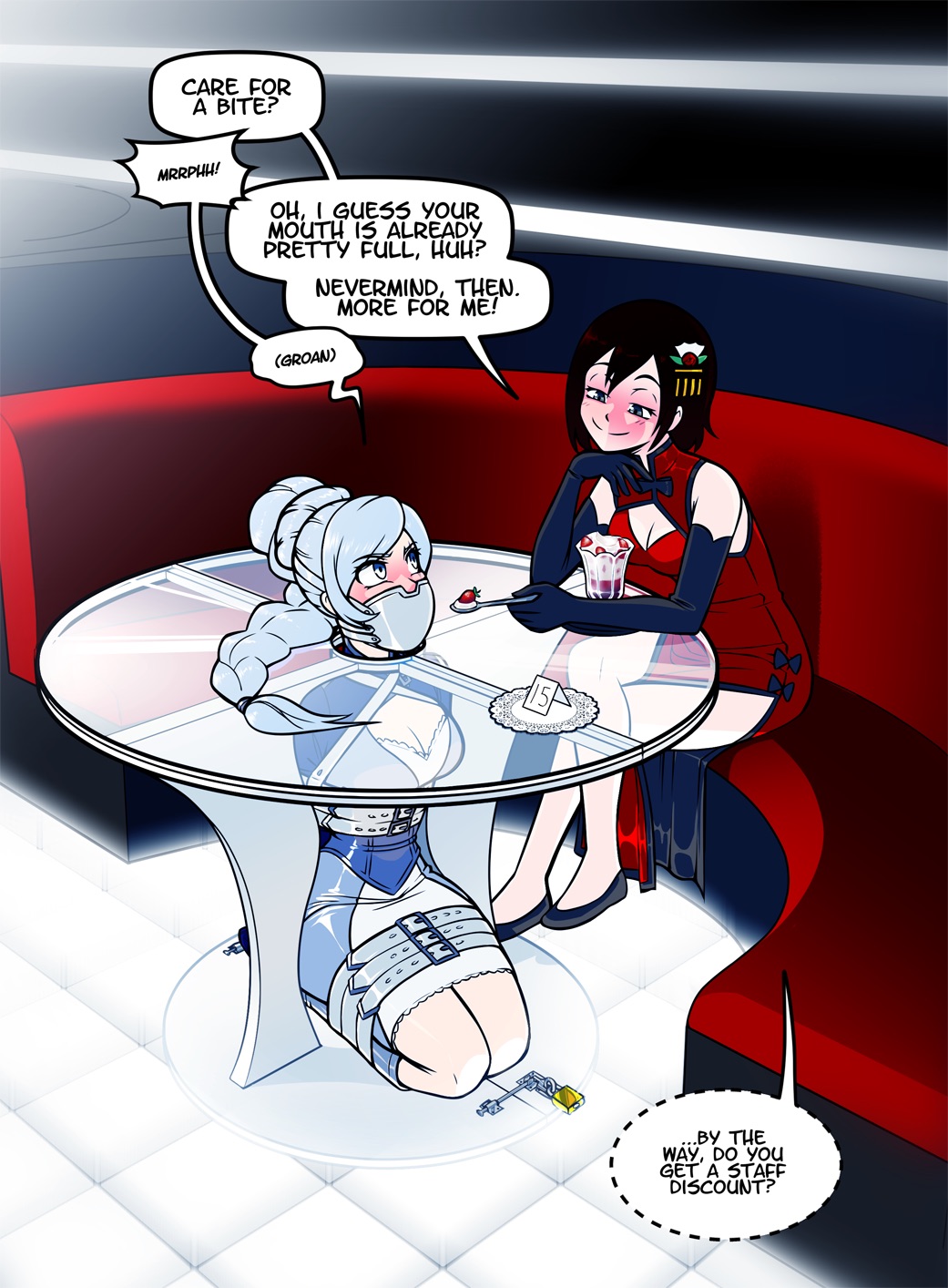 bondage bound female female_only femdom femsub fully_clothed gag gagged ice_cream maid ruby_rose rwby stationary_restraints tagme tagme_(artist) weiss_schnee wossarem