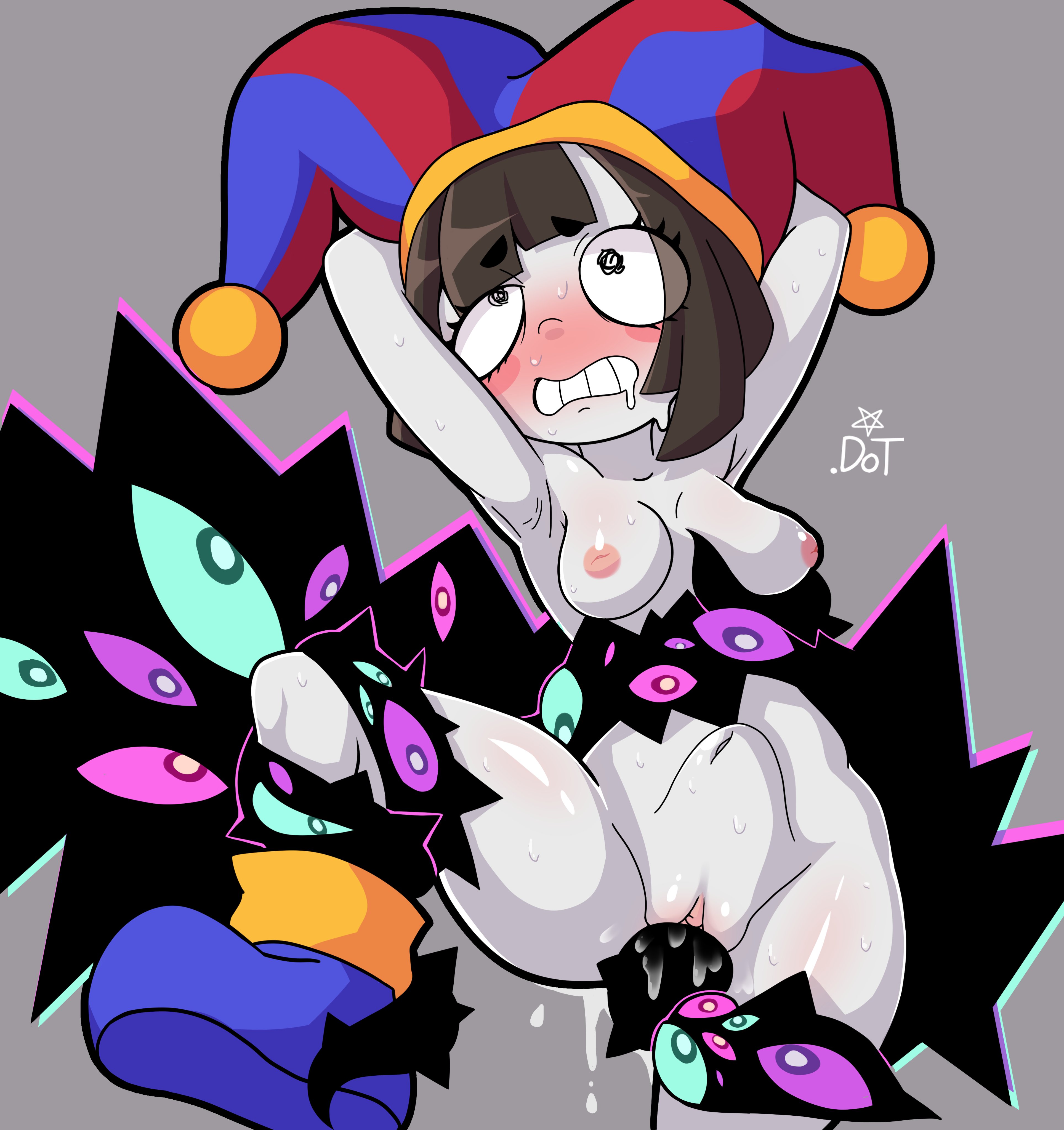 2023, 2d, 2d (artwork), 2d artwork, abstraction (the amazing digital circus), artist request, blushing, breasts, brown hair, cum, cum in pussy, cum inside, eyes, female, glitch productions, gloves, gooseworx, hand on head, holding legs, jester, jester cap, jester costume, jester girl, jester hat, jester outfit, kaufmo (abstracted), looking up, male, nipples, penis, penis in pussy, pomni, pomni (the amazing digital circus), pussy, saliva drip, short hair, small breasts, spread legs, stomach bulge, straight, sweat, sweatdrop, sweating, tentacle, tentacle sex, tentacles, the amazing digital circus, vaginal penetration, white body