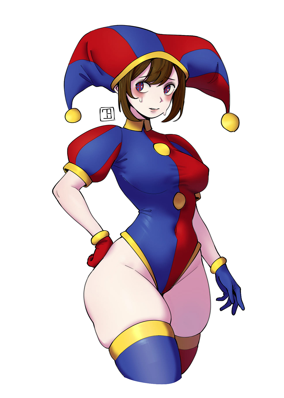 2023, 2d, 2d (artwork), 2d artwork, blue gloves, breasts, brown hair, female, female only, glitch productions, gloves, gooseworx, huge thighs, jester, jester cap, jester costume, jester girl, jester hat, jester outfit, medium breasts, pomni (the amazing digital circus), red gloves, short hair, the amazing digital circus, thick thighs, thigh highs, thighs, thin waist, wide hips, wide thighs