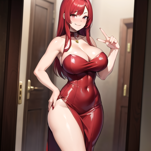 1girls ai_generated ai_hands big_ass big_breasts blush breasts double_v female female_only pose promptchan promptchan.ai red_dress red_hair red_nail_polish red_nails smile solo tagme unusual_anatomy weird_fingers