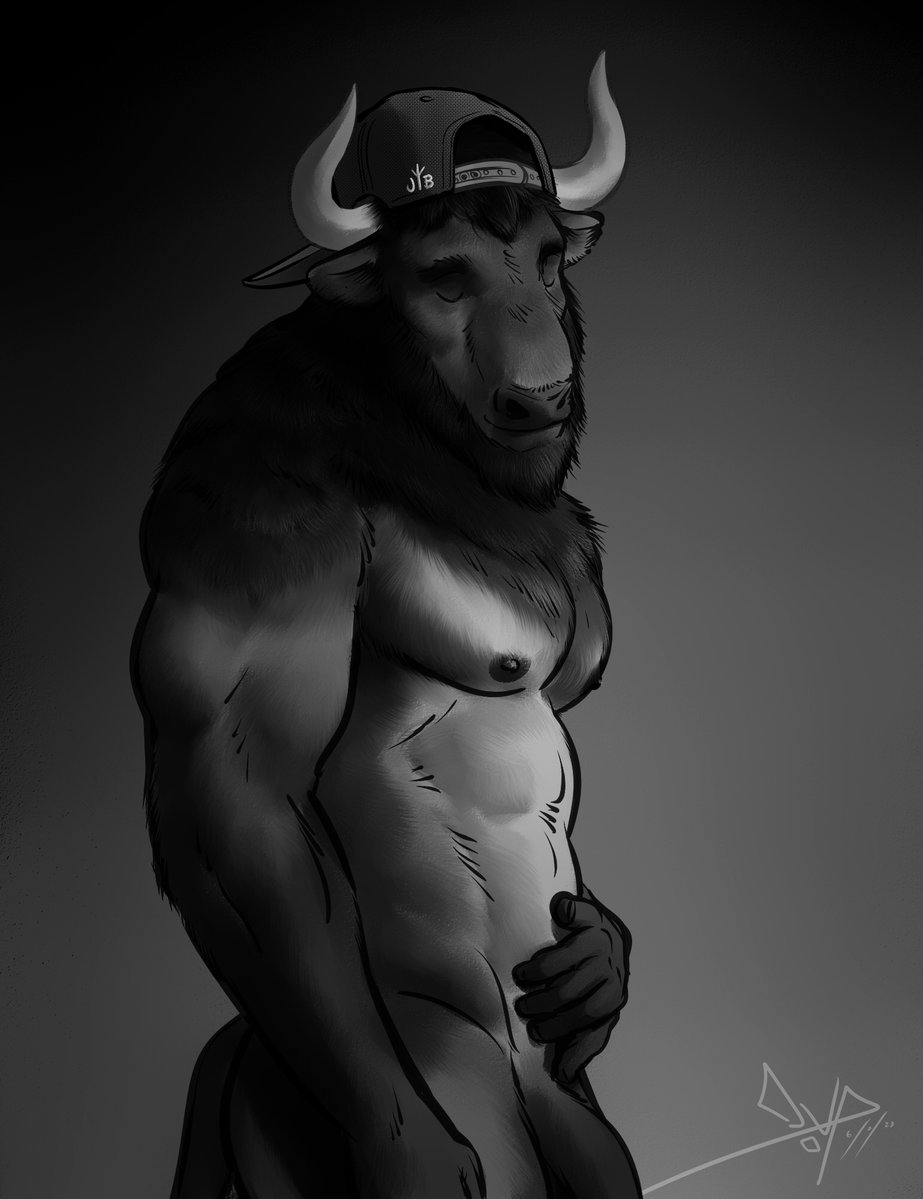 abs andreas_(apis_ger) anthro backwards_baseball_cap backwards_hat baseball_cap beard bgn biceps bison black_and_white bovid bovine closed_eyes clothing facial_hair flaccid fur genitals hat headgear headwear horn male mammal monochrome muscular muscular_anthro muscular_male nipples nude pecs penis simple_background smile solo