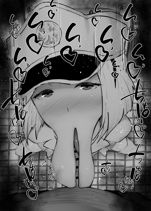 1boy :>= affront_to_nature anatomical_nonsense bar_censor bleach blush censored commentary_request erection fellatio female greyscale hat kurotama liltotto_lamperd looking_at_viewer monochrome nose_blush oral peaked_cap penis pov pov_crotch saliva short_hair solo_focus squatting straight sweat tile_floor tiles tongue what why_the_long_face