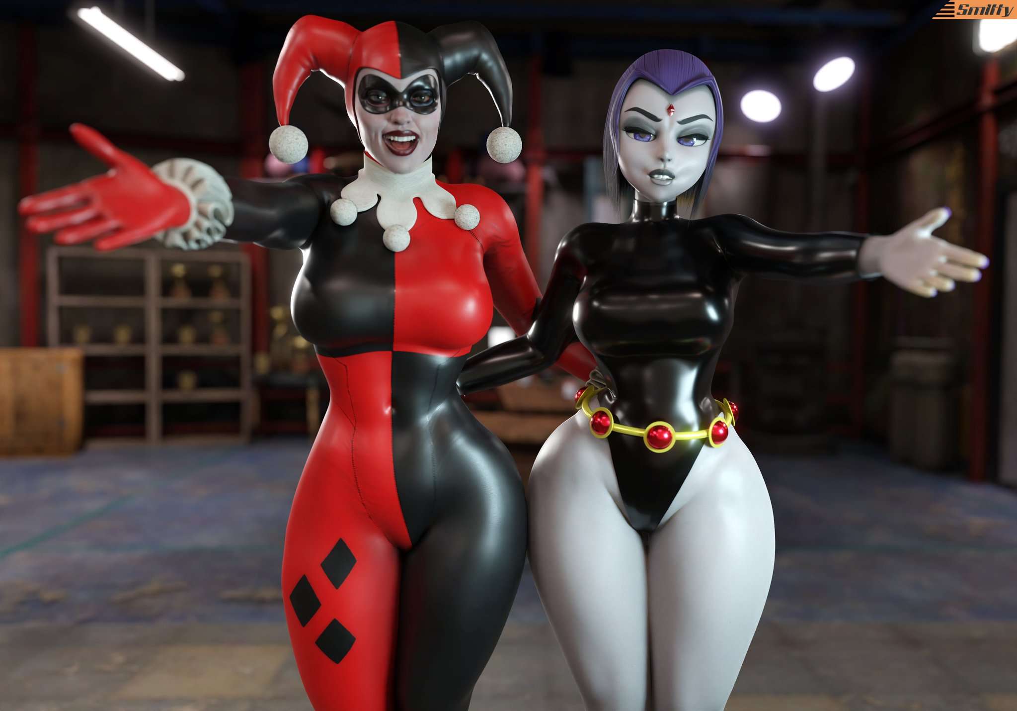 2girls, 3d, 3d (artwork), batman (series), batman: arkham knight, big breasts, bodysuit, breasts, clown, clown girl, dc, dc comics, female, female only, harley quinn, harley quinn (classic), harley quinn (injustice), hips, hourglass figure, injustice 2, jester, jester cap, jester costume, jester girl, jester hat, jester outfit, leotard, multiple females, multiple girls, raven (dc), smitty34, teen titans, thick thighs, wide hips