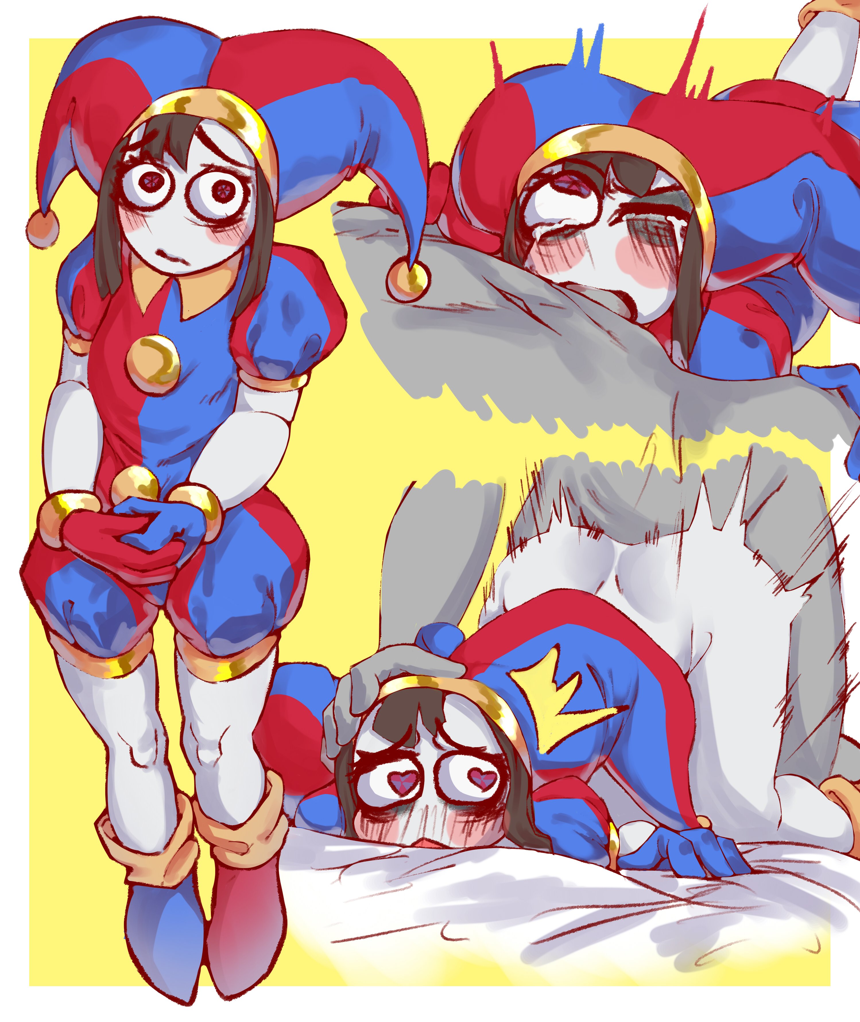 1boy, 1girls, 2023, 2d, 2d (artwork), 2d artwork, ass, big ass, big thighs, blowjob, blush, brown hair, crying, doggy style, female, female penetrated, glitch productions, gloves, gooseworx, grey skin, grey-skinned male, heart eyes, heart-shaped pupils, holding head, jester, jester cap, jester costume, jester girl, jester hat, jester outfit, looking at partner, looking behind, looking pleasured, looking up, male, male penetrating, male penetrating female, male/female, megayecgaa (hectaryecgaa), oral penetration, oral sex, penetration, penile, penile penetration, penis, penis in pussy, pomni (the amazing digital circus), sex, short hair, straight, tears of pleasure, the amazing digital circus, thick thighs, vaginal, vaginal penetration, vaginal sex, white body