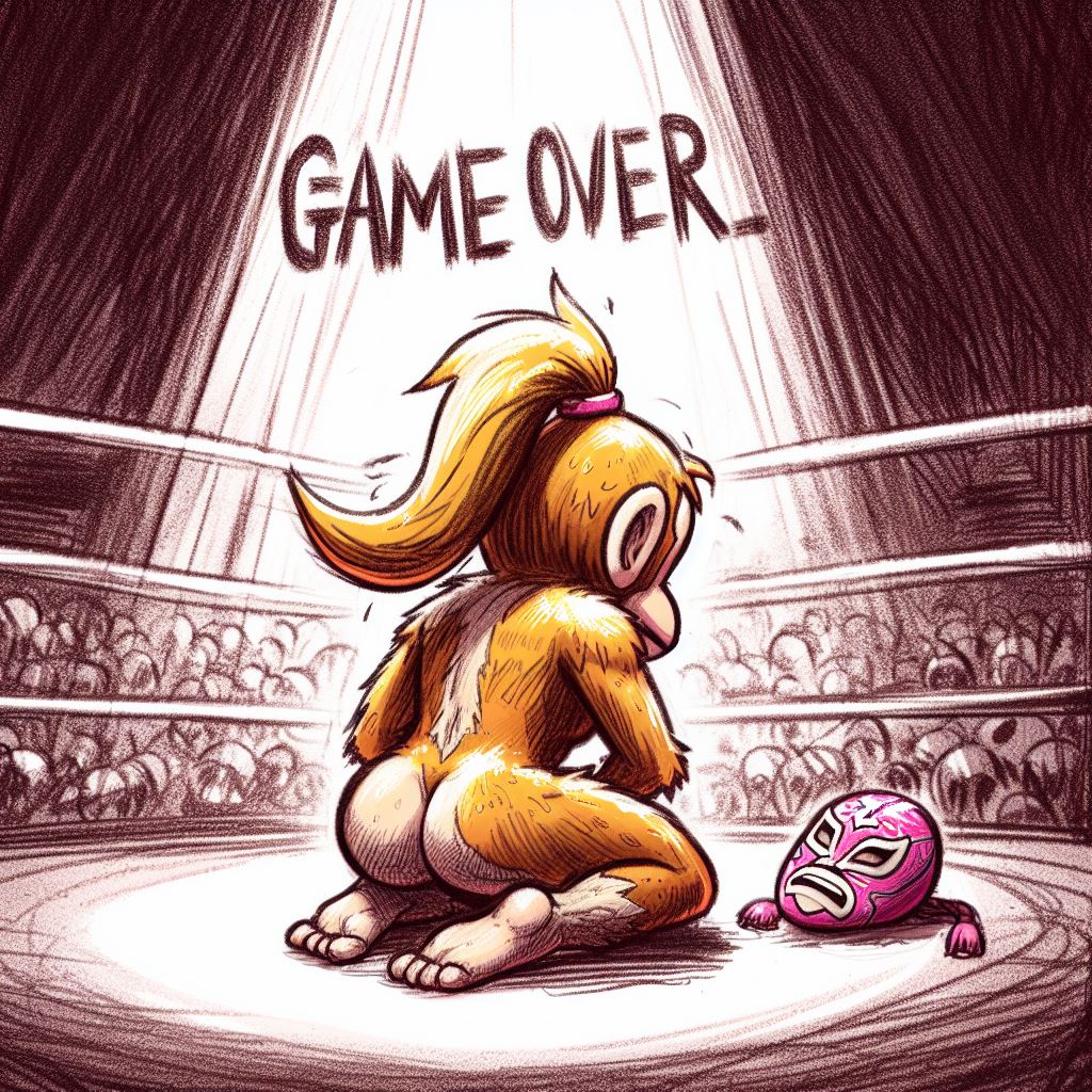 ai_generated ass barefoot blonde_hair defeated dixie_kong donkey_kong_(series) female furry game_over gameplay_mechanics luchador_mask monkey_girl tagme wrestling_ring