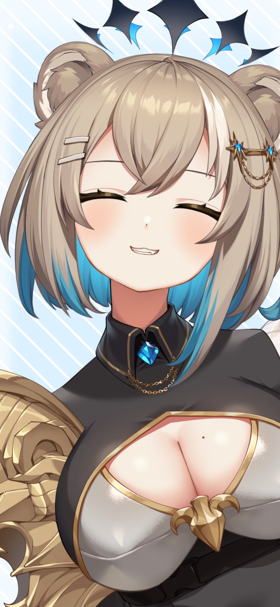 armor blue_hair boob_window brown_hair cleavage cute hazumi_aileen indie_virtual_youtuber large_breasts mole_on_breast multicolored_hair not_porn official official_art official_model smiling virtual_youtuber