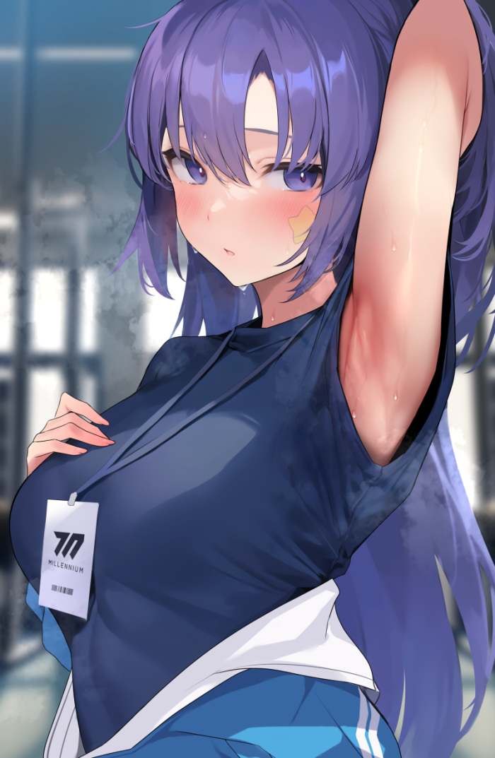 arm_up armpit_fetish armpit_focus armpits blue_archive female looking_at_viewer millennium_science_school_logo_(blue_archive) millennium_science_school_student purple_eyes purple_hair raised_arm seminar_(blue_archive) showing_armpits steam sweat sweatdrop sweaty_armpits yuuka_(blue_archive) yuuka_(gym_uniform)_(blue_archive) yuuka_(track)_(blue_archive) yuyu_(yuyuworks)