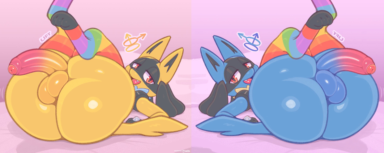 2boys, anthro, ass, balls, bed, big ass, big penis, blue fur, edit, edited, femboy, frumples, game freak, gay, gay pride, gay pride colors, gender symbol penetration, generation 4 pokemon, huge ass, laying on back, lucario, male, male only, male symbol, nintendo, penis, pokemon, pokemon (species), pride color legwear, rainbow pride colors, red eyes, shiny lucario, shiny pokemon, thick thighs, third-party edit, wide hips, yellow fur