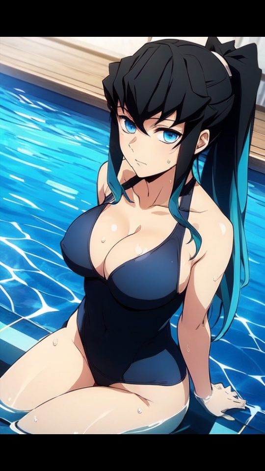 ai_generated bare_shoulders big_breasts black_hair blue_eyes blue_hair cleavage demon_slayer female_only genderswap_(mtf) hourglass_figure kimetsu_no_yaiba large_breasts long_hair looking_at_viewer muichiro_tokitou one-piece_swimsuit partially_submerged pixai ponytail pool pussy sitting solo_female thick_thighs thighs tokitou_muichirou