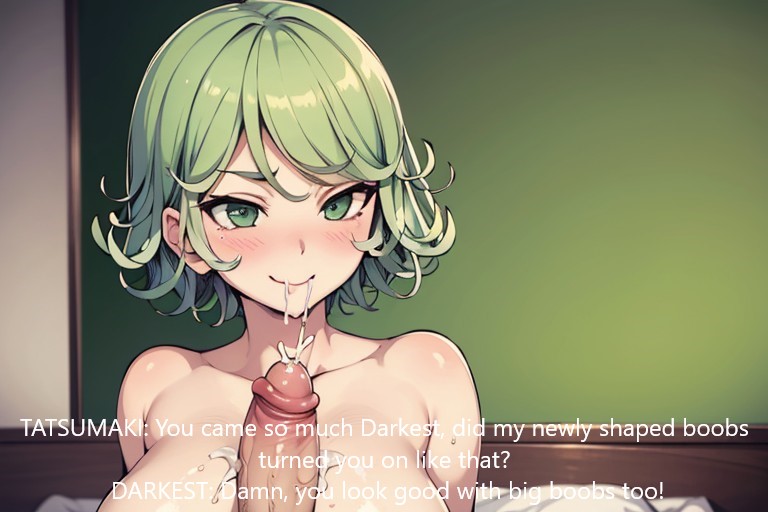 1boy 1girls ai_generated big_breasts boobjob cum darkest english_text female green_eyes green_hair one-punch_man tatsumaki