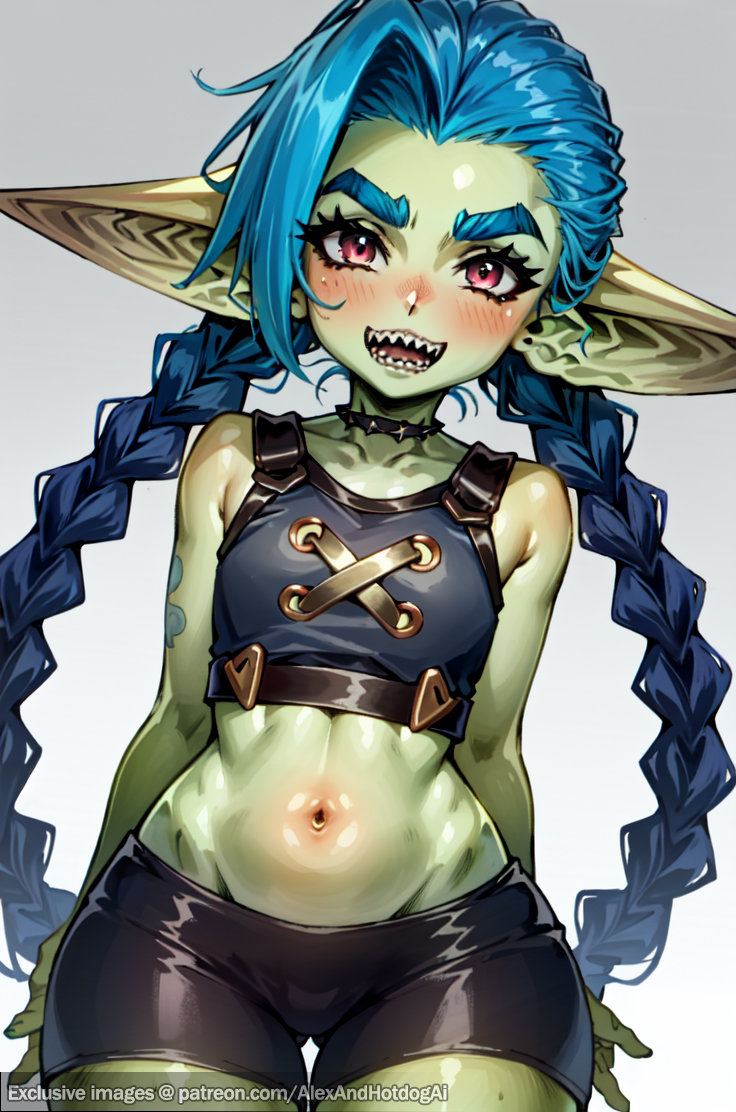 abdomen, abs, ai generated, alexandhotdogai, arcane, arcane jinx, blue hair, blush, braid, braids, breasts, choker, collar, elf ears, exposed midriff, extremely long hair, female, goblin, goblin female, goblinification, green skin, hip dips, jinx (league of legends), league of legends, long hair, navel, pointy ears, pubic mound, red eyes, riot games, sharp teeth, short shorts, shorts, small breasts, smile, spiked collar, stable diffusion, thick thighs, thigh gap, tight clothing, tight pants, very long hair, wide hips