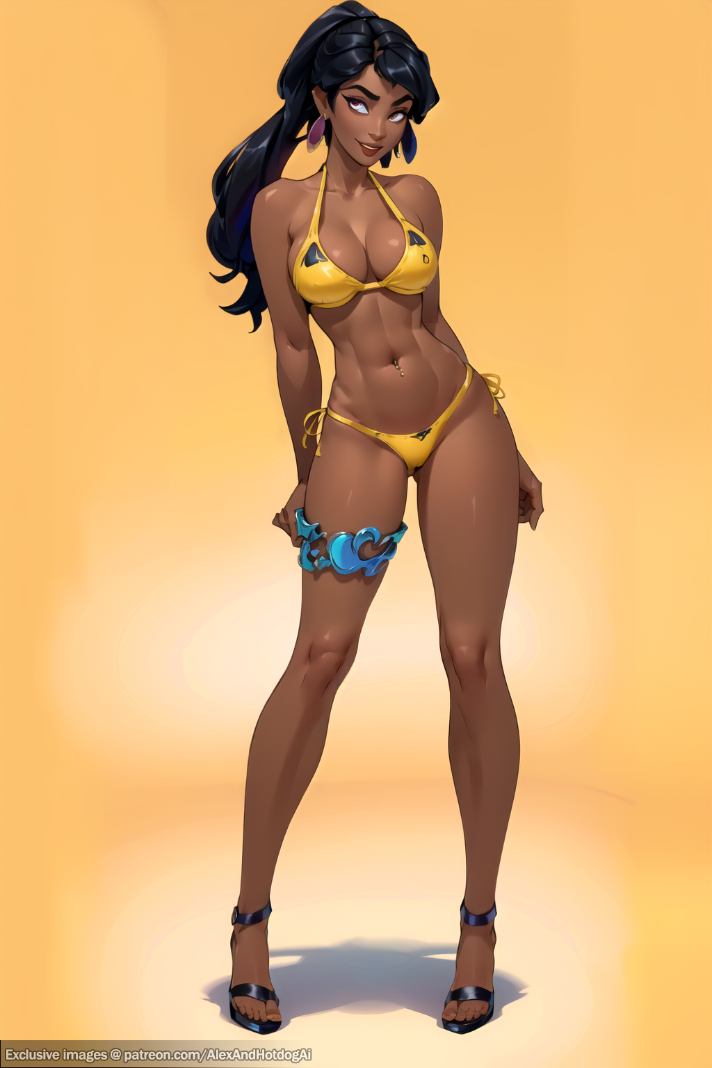 1girls abs ai_generated alexandhotdogai belly_button_piercing bikini bikini_bottom bikini_top black_hair camel_toe cameltoe child_bearing_hips cleavage dark-skinned_female dark_skin earrings female female_focus female_only high_heels inviting jewelry league_of_legends long_legs nilah orange_eyes riot_games smile solo solo_female solo_focus stable_diffusion standing stripper stripper_heels thigh_strap thighs underwear yellow_bikini