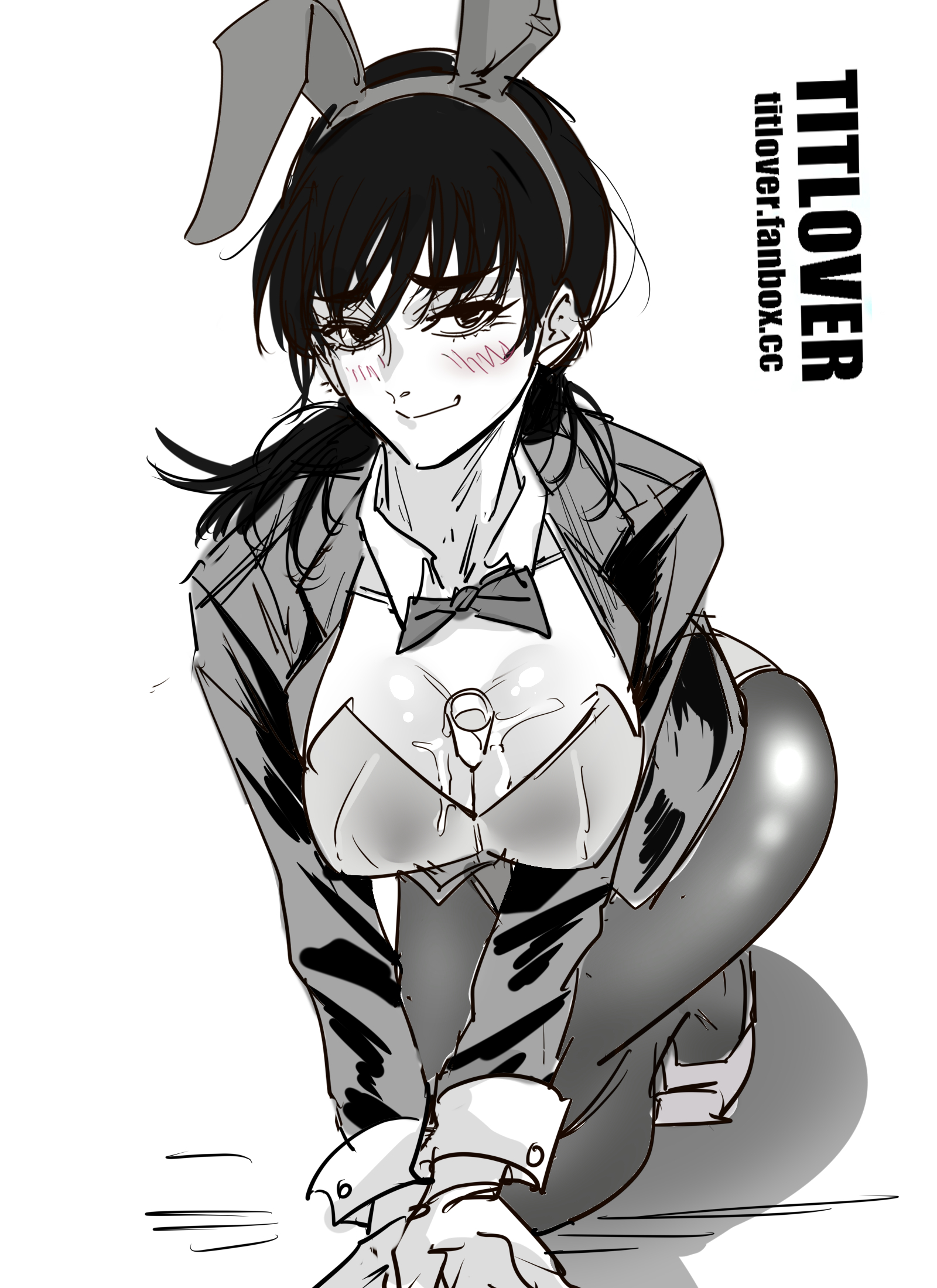 1girls, 2023, 2d, 2d (artwork), all fours, artist name, big breasts, black hair, blush, breasts, bunny girl, bunnysuit, chainsaw man, cleavage, clothed, clothed female, english text, female, female only, female protagonist, human, human only, looking at viewer, mitaka asa, no sex, object between breasts, paizuri, ponytail, smile, smiling at viewer, solo, solo female, teenage female, teenager, text, titlover