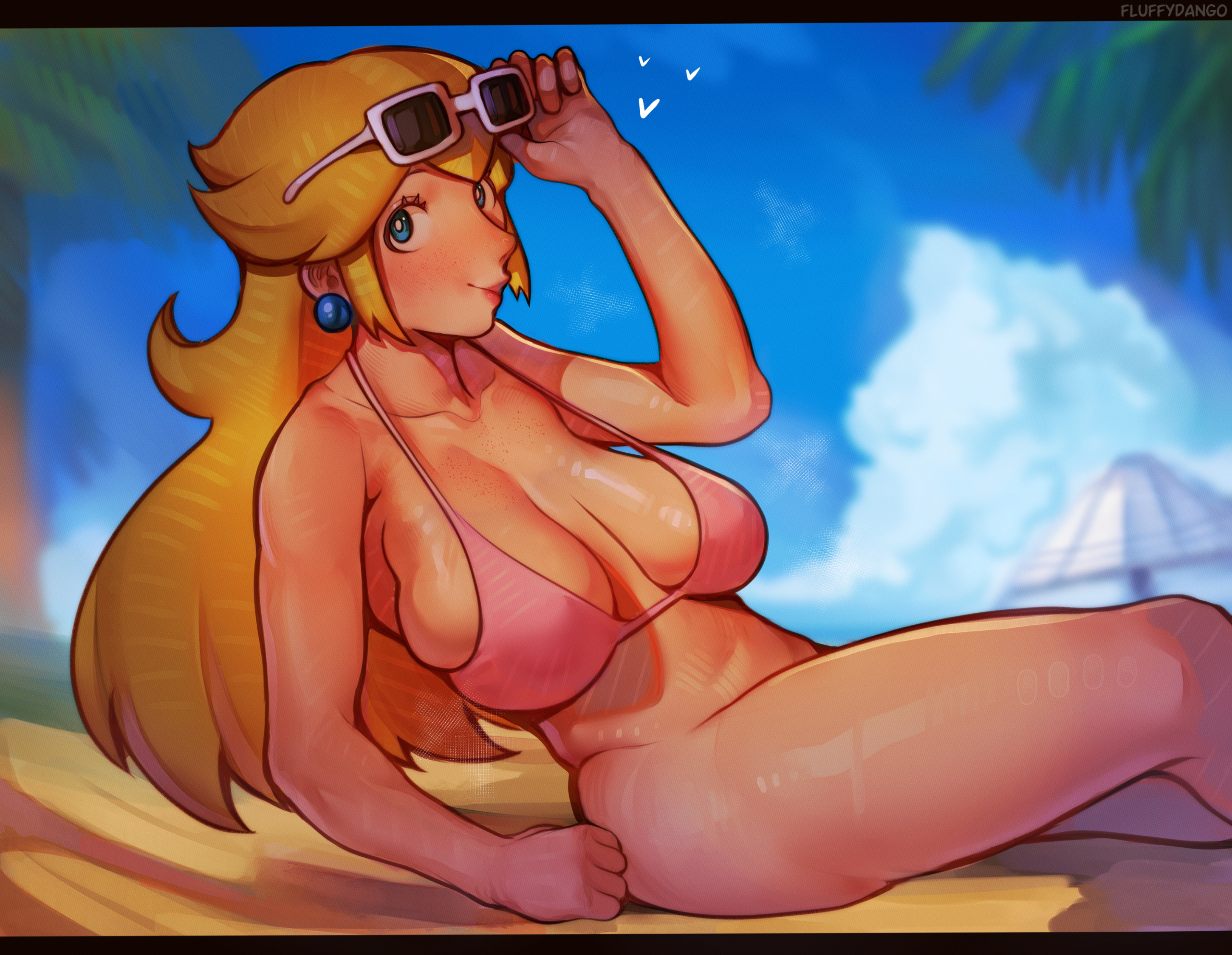 1girls, bikini, blonde hair, blue eyes, bottomless, breasts, female, fluffydango, hi res, large breasts, light skin, light-skinned female, long hair, mario (series), nintendo, princess peach, sunglasses, sunglasses on head, thick thighs