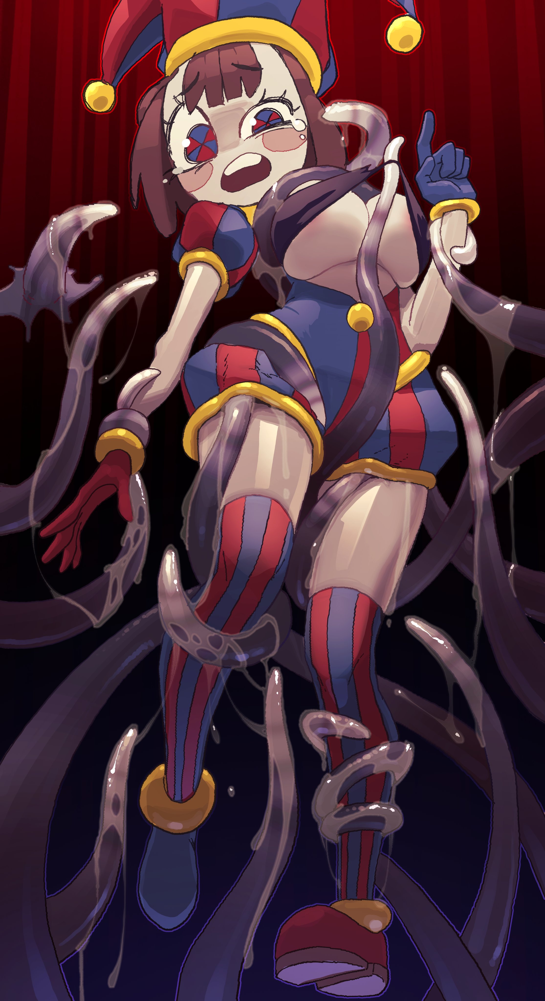 2023, 2d, 2d (artwork), 2d artwork, artist request, big breasts, breasts, brown hair, cum, female, glitch productions, gloves, gooseworx, grabbing breasts, jester, jester cap, jester costume, jester girl, jester hat, jester outfit, looking down, nervous face, pomni (the amazing digital circus), precum, short hair, tentacle, the amazing digital circus, thighs, wet, white body
