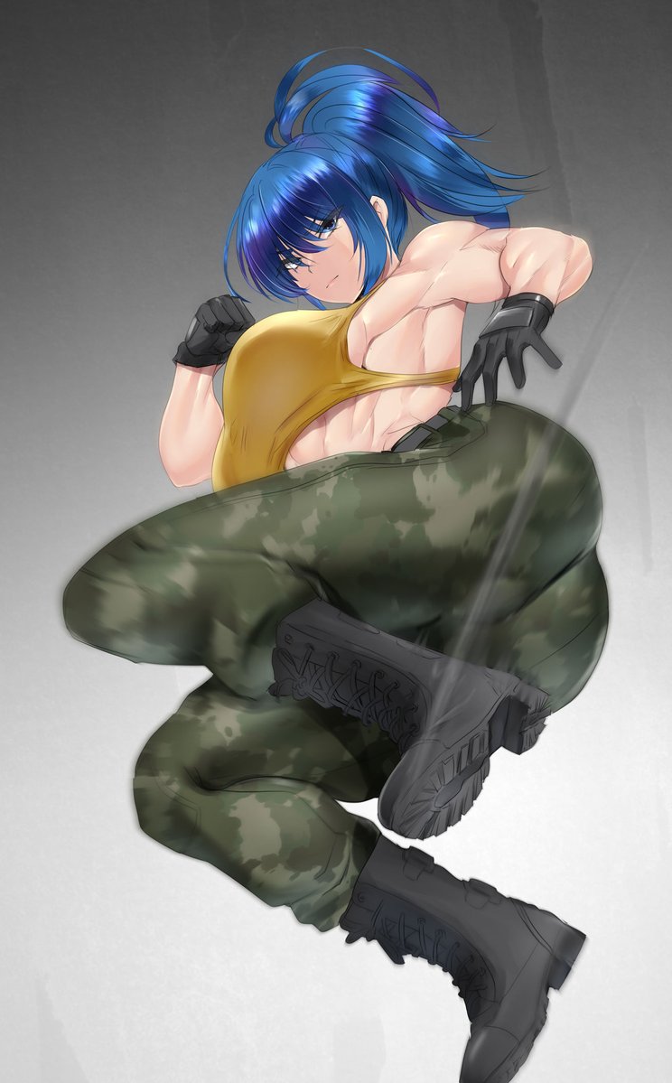 1girls abs athletic athletic_female bangs big_ass big_breasts blue_eyes blue_hair boots bra female female_only gloves ikari_warriors king_of_fighters leona_heidern light-skinned_female light_skin looking_at_viewer medium_breasts metal_slug military_boots military_pants muscular muscular_arms muscular_female ponytail snk snk_heroines:_tag_team_frenzy solo teaindian