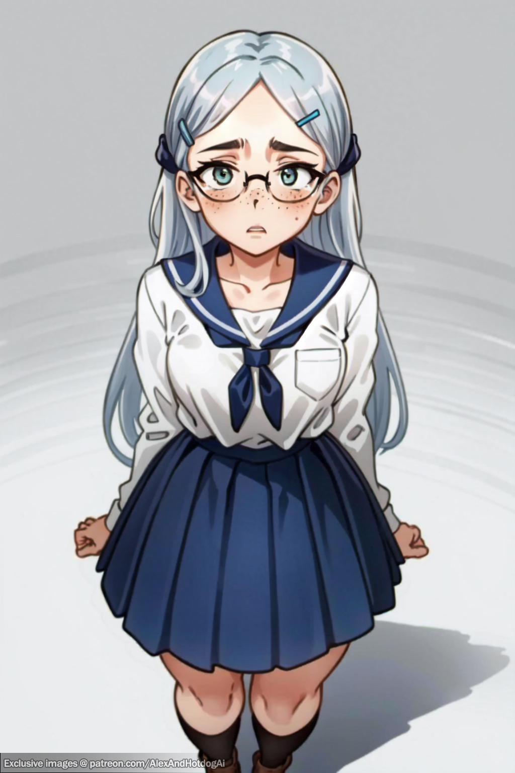 ai generated, alexandhotdogai, confused, confused look, diana (league of legends), female, female focus, female only, from above, from front position, glasses, hair, hair clips, hands behind back, identity death, innocent, league of legends, league of legends: wild rift, long, looking at viewer, looking up, mental transformation, nerd, nerdy female, personality change, sad, school, school uniform, schoolgirl, schoolgirl uniform, short stack, shortstack, silver hair, skirt, stable diffusion, student, thick thighs, transformation, transformed, white hair, wide hips, worried, worried expression