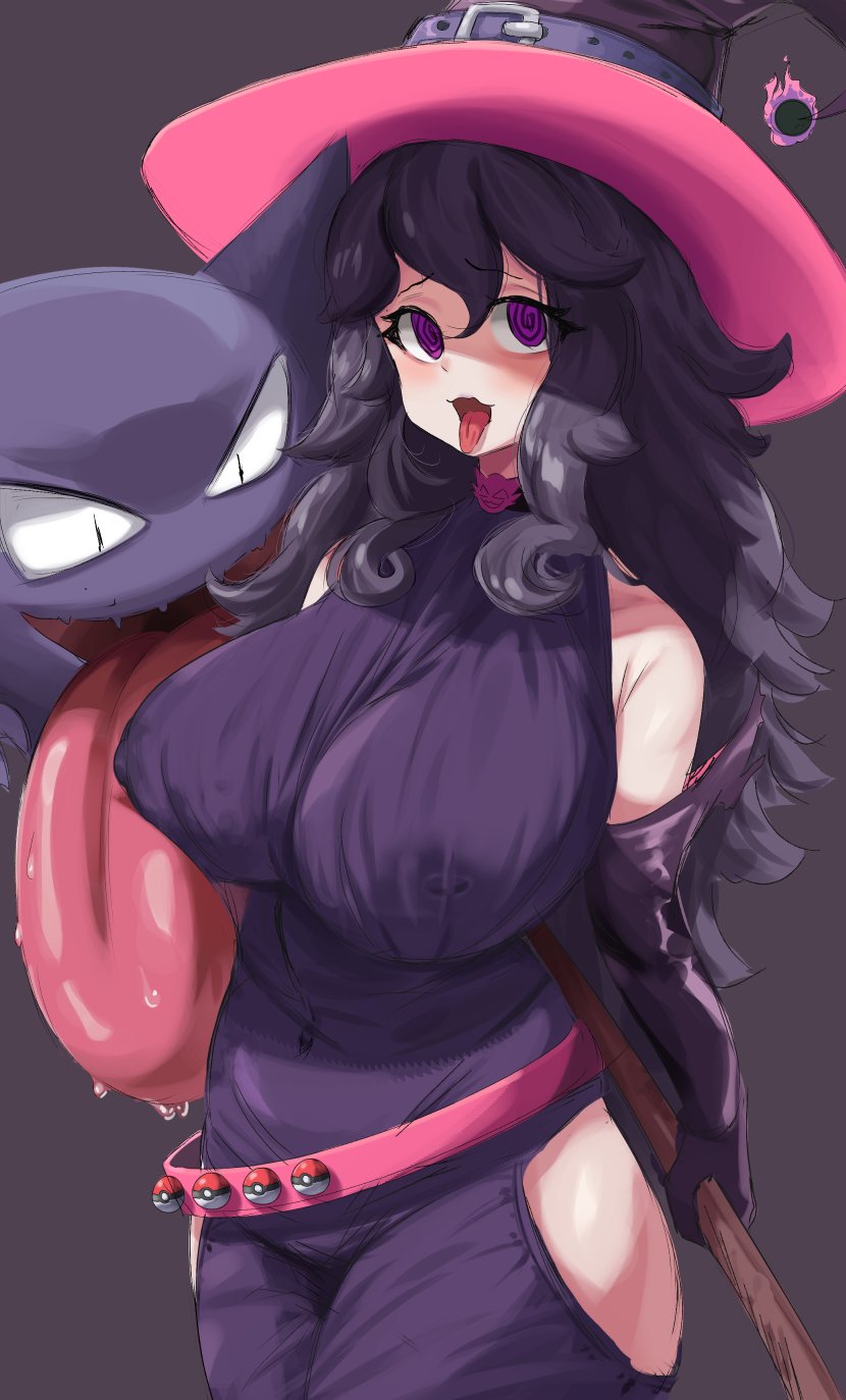 1girls ahoge breast_lick breasts dress hat haunter hex_maniac hips horny huge_breasts long_hair messy_hair nipples open_mouth opera_gloves pokemon purple_eyes purple_hair see-through silver_queen silverqueen0 solo spiral_eyes thick_thighs thighs tongue tongue_out very_long_hair wide_hips witch_hat