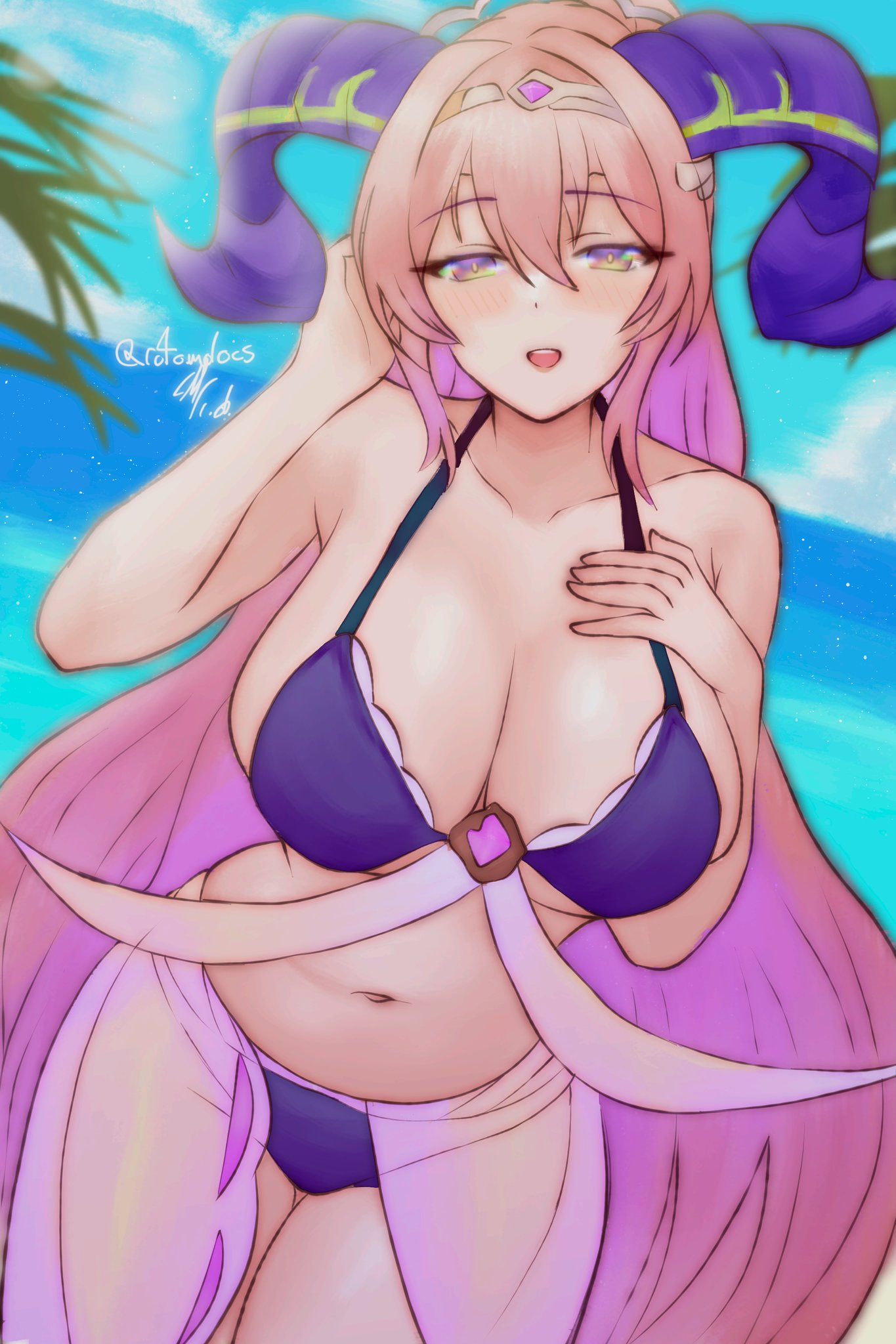 1girls alternate_costume beach bikini blue_sky blush breasts circlet cleavage cloud cowboy_shot curled_horns facing_viewer female fire_emblem fire_emblem_heroes goat_horns hair_ornament higher_resolution_available highres horizon horns jewelry large_breasts large_horns leaning_forward long_hair looking_at_viewer mature_female multicolored_hair navel nerthuz_(fire_emblem) ocean outdoors palm_tree pink_hair purple_bikini purple_eyes purple_hair purple_horns rotomdocs sand sarong see-through_sarong shore sky smile solo solo_female swimsuit tree two-tone_hair very_long_hair water