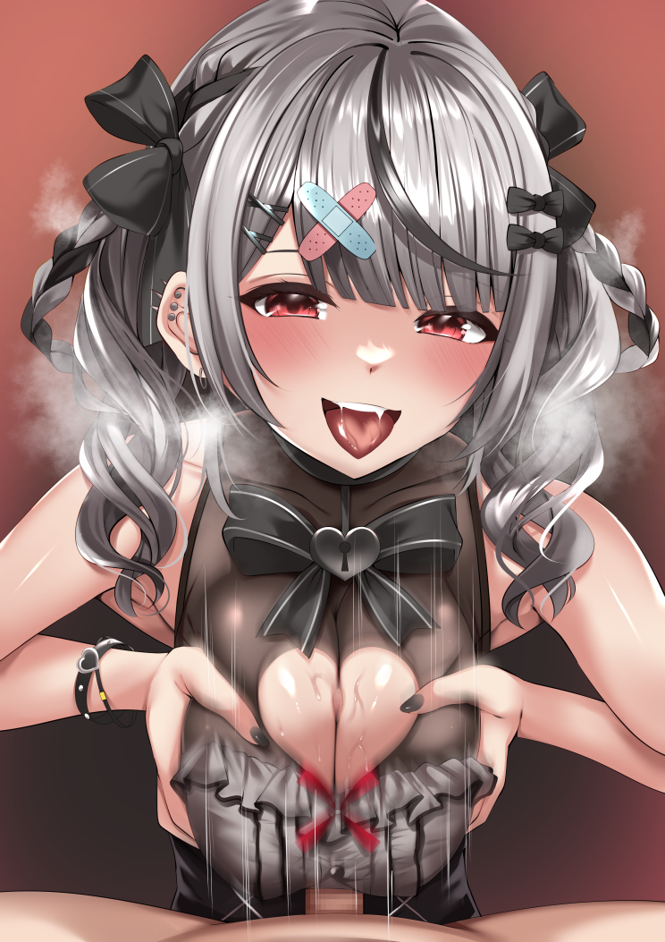 1boy 1girls black_bow black_dress black_hair black_nails blush bow breasts censored circussion cleavage cleavage_cutout clothing_cutout dress drill_hair ear_piercing female frilled_dress frills grey_hair hair_ornament hairbow hololive hololive_japan holox large_breasts light-skinned_female light-skinned_male light_skin looking_at_viewer medium_hair mosaic_censoring multicolored_hair nail_polish official_alternate_costume open_mouth paizuri paizuri_under_clothes piercing red_eyes sakamata_chloe sakamata_chloe_(3rd_costume) sleeveless sleeveless_dress smile streaked_hair twin_drills virtual_youtuber x_hair_ornament