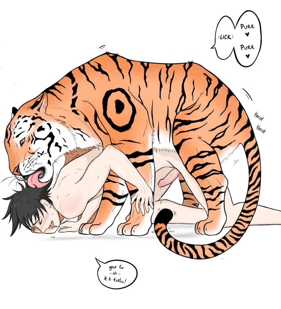 1boy anal animalization black_hair blush erection fushiguro_megumi gay jujutsu_kaisen nude penis ryoumen_sukuna_(jujutsu_kaisen) sex short_hair tiger yaoi zoophilia