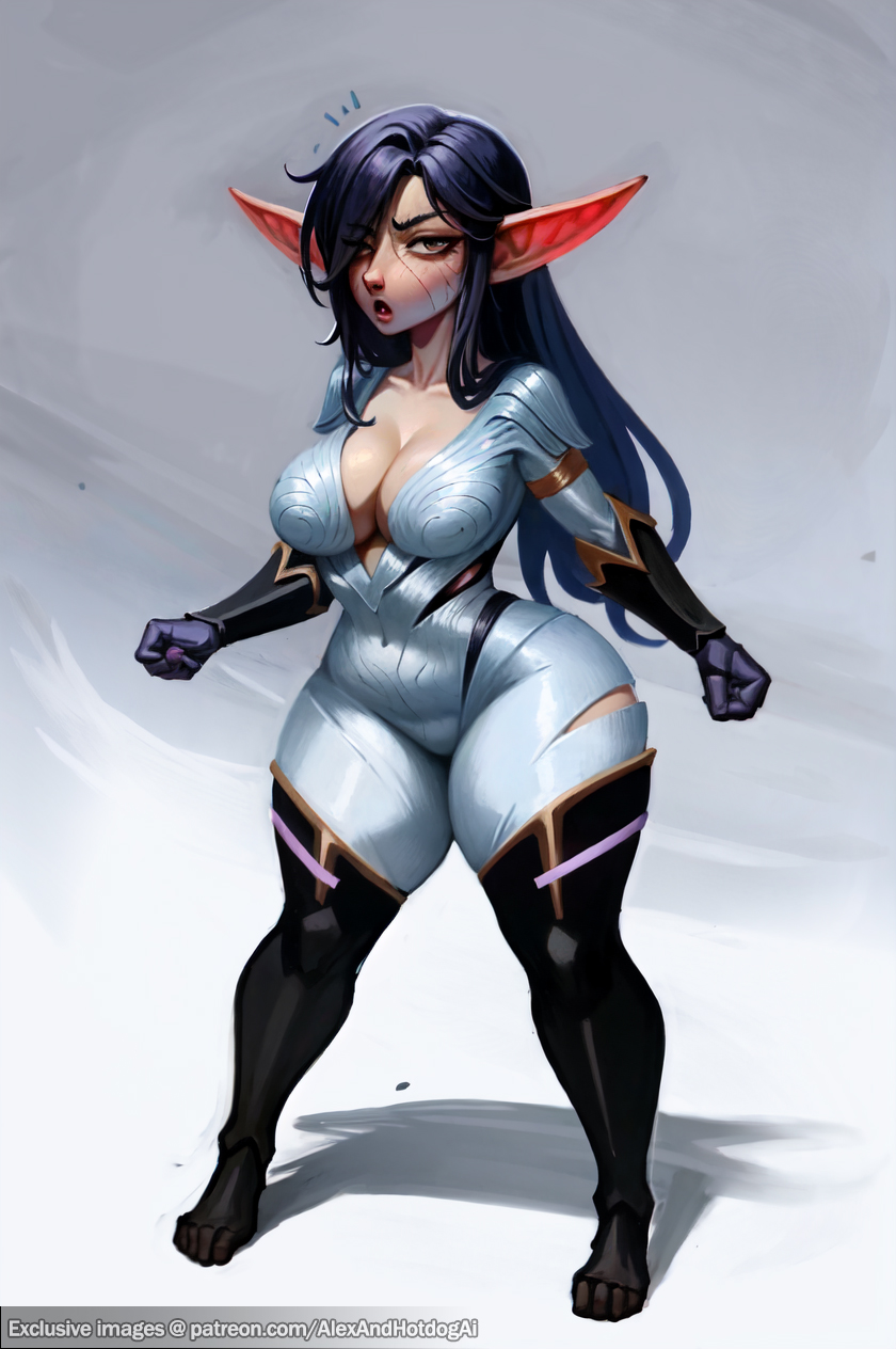 ai_generated alexandhotdogai annoyed annoyed_expression ass body_markings body_modification bodysuit cleavage confused confused_look elbow_gloves female female_focus female_only furry furry_female hair huge_ass huge_breasts identity_death kai'sa league_of_legends living_clothes long long_gloves mental_transformation narrowed_eyes personality_change pointy_ears purple_hair short_stack shortstack stable_diffusion thick_ass thick_legs thick_thighs thighhighs transformation transformed wide_hips yordle yordlefied