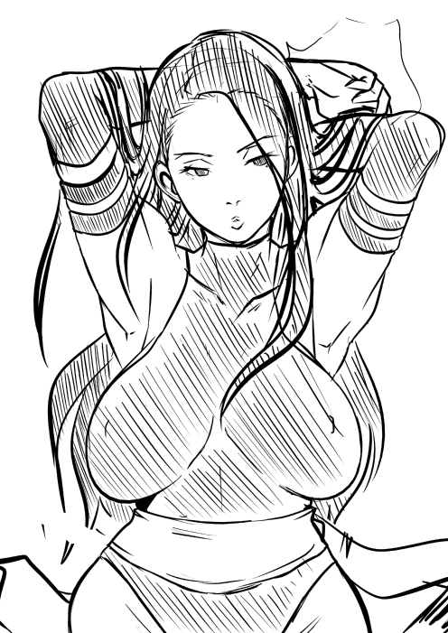 1girls armpits arms_behind_head arms_up black_hair breasts bucha_s.g.c.k._island butcha-u elbow_gloves eroquis female gloves halterneck large_breasts leotard long_hair marvel monochrome psylocke sash sketch solo straight_hair x-men