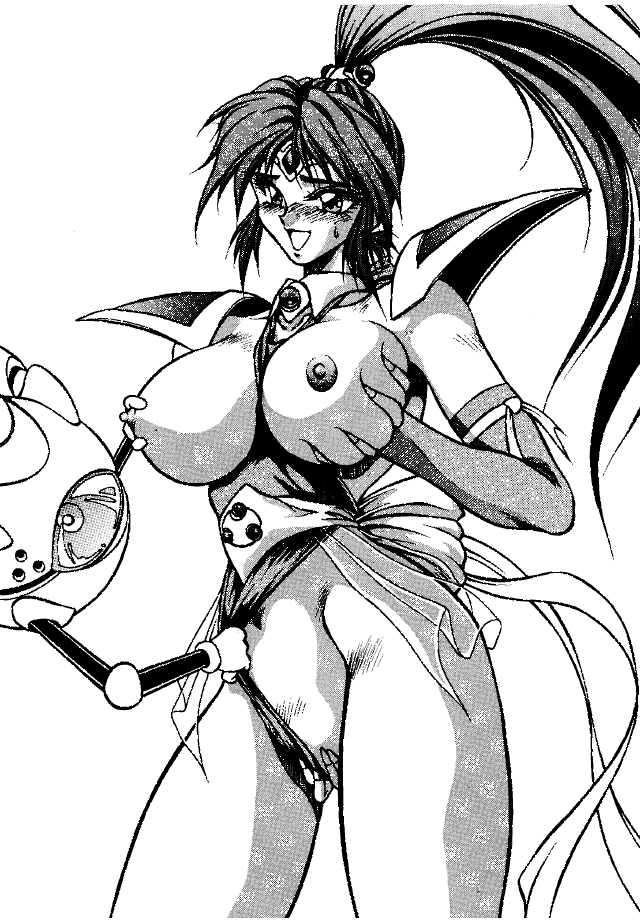 1994 1girls ball_boy breasts clothing female kazunari_hasebe monochrome neo_geo ponytail robot shaia_hishizaki spandex tied_hair voltage_fighter_gowcaizer