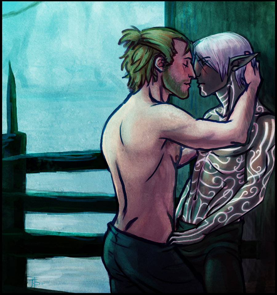 2boys anders_(dragon_age) color dragon_age dragon_age_2 dragon_age_awakening elf fenris_(dragon_age) gay male male_only multiple_males tagme tattoo undressing white_hair yaoi