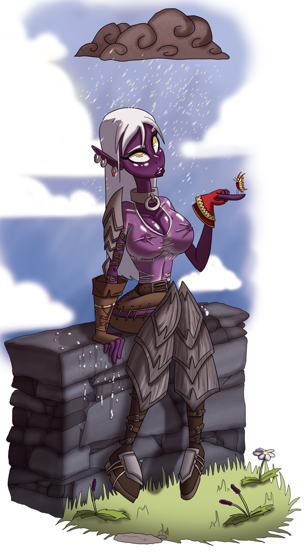 1girls butterfly chimneyspeak cloud drow dungeons_and_dragons earrings elf elf_ears elf_female female fingerless_gloves flower grass nipples_visible_through_clothing purple_skin rain see-through tagme wet white_hair