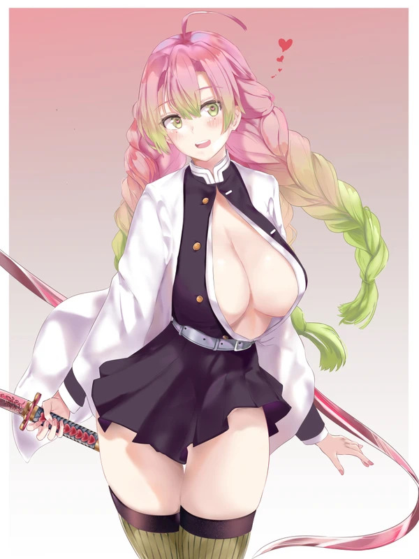 1girls beltskirt big_breasts braids cleavage demon_slayer female female_only haori heart-shaped_pupils human kanroji_mitsuri katana kimetsu_no_yaiba large_breasts long_hair lowres_duplicate multicolored_hair no_bra open_eyes open_mouth pink_hair pleated_skirt ru_zhai skirt smile solo sword thighhighs thighs twin_braids two_tone_hair uniform white_skin