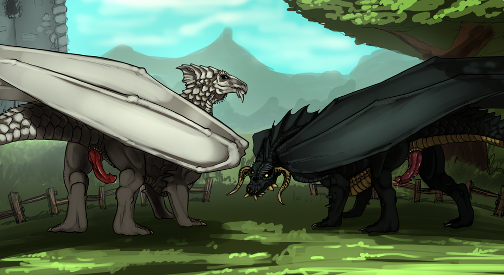 animal_genitalia black_dragon_(d&d) black_scales blue_eyes claws cloaca cloud dragon dungeons_and_dragons duo feral horn male membranous_wings mountain outdoors penis scalie sky solo syrinoth white_dragon_(d&d) white_scales wings yellow_eyes