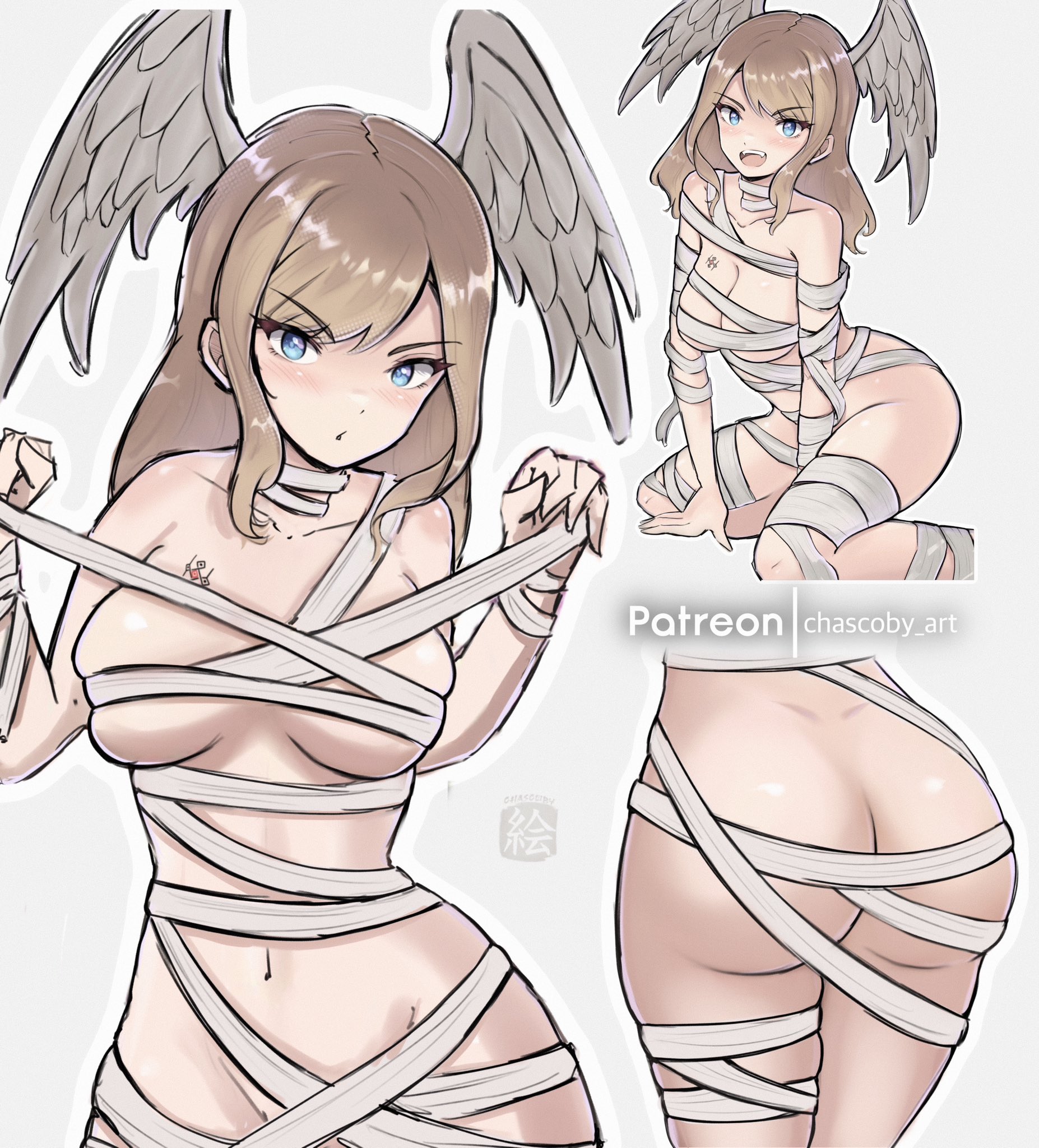 1girls, ass, breasts, brown hair, chascoby, cleavage, convenient censoring, eunie (xenoblade), female, halloween, halloween costume, hips, looking at viewer, mummy, solo, tagme, thighs, wings, wings on head, wrapped, wrapped up, wraps, xenoblade (series), xenoblade chronicles 3