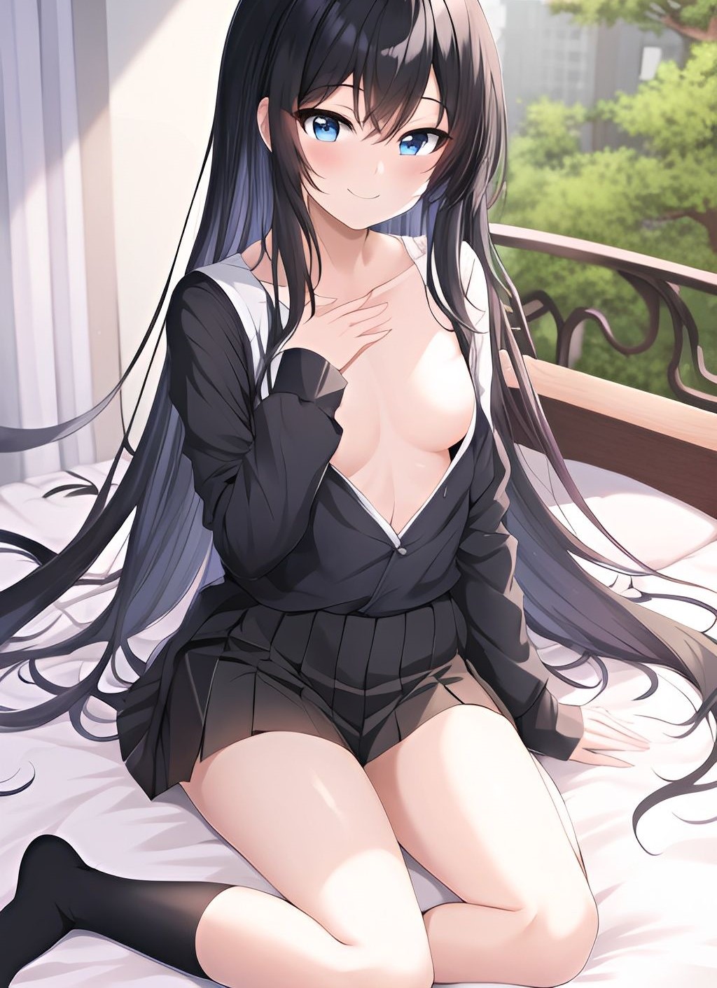 1girls ai_generated ai_hands anime_style background balcony bed big_eyes black_hair black_jacket black_socks blue_eyes blush blushing closed_mouth closed_smile clothed cute cute_face day eyes_open female female_only girly hair hands_on_surface happy happy_female human human_only humanoid jacket japanese lighting long_hair looking_at_camera messy_hair miniskirt no_cum only_female semi-erect shadows sitting sitting_on_bed skirt small_breasts small_eyebrows smile smiling smiling_at_viewer socks soulgen trees white_skin white_wallsolo