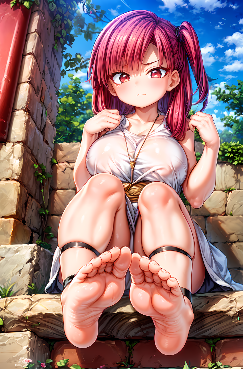 1girls 5_toes ai_generated alternate_breast_size bare_legs barefoot blush clothed feet female female_focus female_only foopanthia foot_fetish foot_focus from_below legs long_hair looking_at_viewer looking_down magi:_the_labyrinth_of_magic morgiana pink_eyes pink_hair sitting smile sole_female soles solo solo_female solo_focus teasing thick_thighs thighs toes