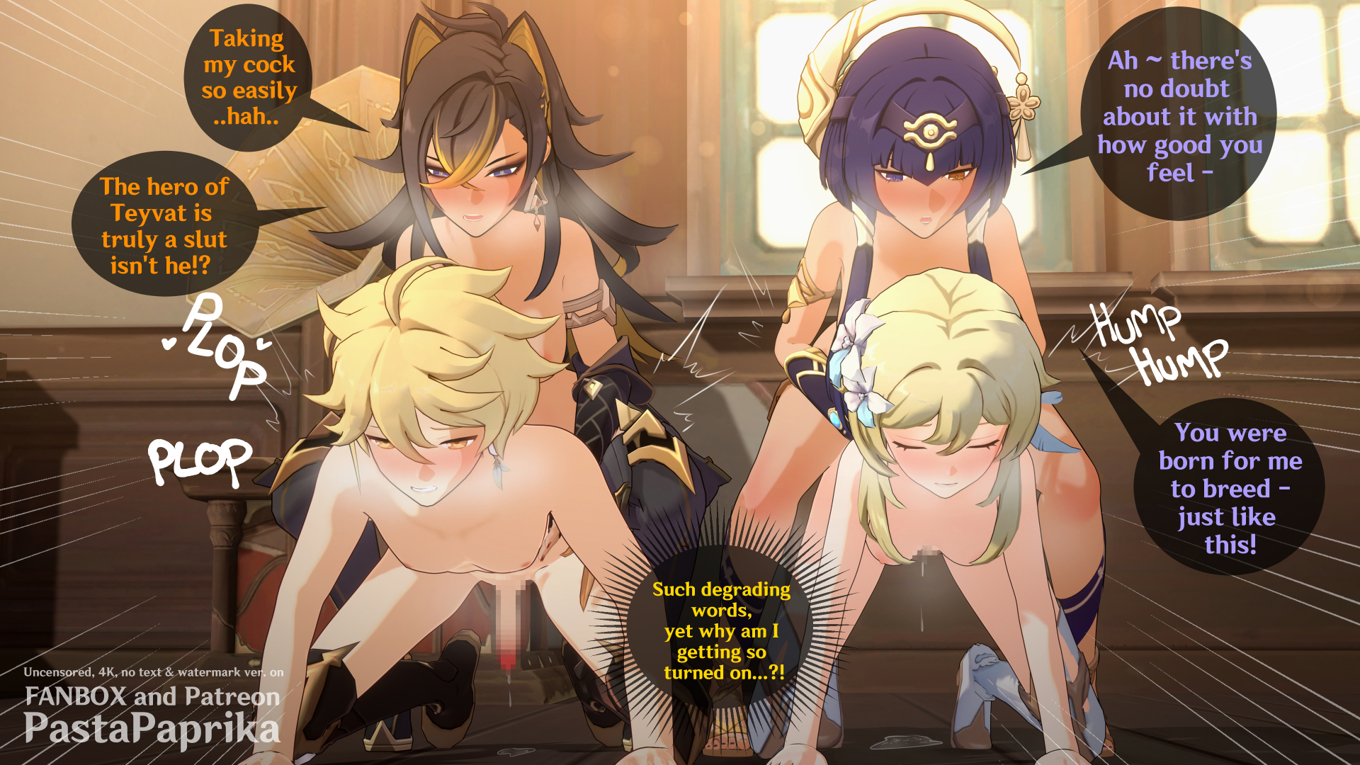 1boy, 1girls, 2futas, 3d, 3d (artwork), aether (genshin impact), anal sex, balls, blender (software), blush, both sexes in same situation, candace (genshin impact), censored, dark skin, dark-skinned female, dark-skinned futa, degradation text, dehya (genshin impact), dialogue, doggy style, female, futa on female, futa on male, futa penetrating, futa with female, futa with male, futadom, futanari, genshin impact, hoyoverse, indoors, intersex, large balls, large penis, larger futa, light skin, light-skinned female, light-skinned male, lumine (genshin impact), male, mihoyo, mosaic censoring, mosaic censorship, naked, naked female, naked futa, naked male, nude, nude female, nude futa, nude male, on floor, on the floor, pastapaprika, penis, pleasure face, precum, precum drip, pussy, pussy juice, pussy juice drip, self upload, siblings, smoke from mouth, steaming body, submissive female, submissive male, text, twins, vaginal penetration, vaginal sex