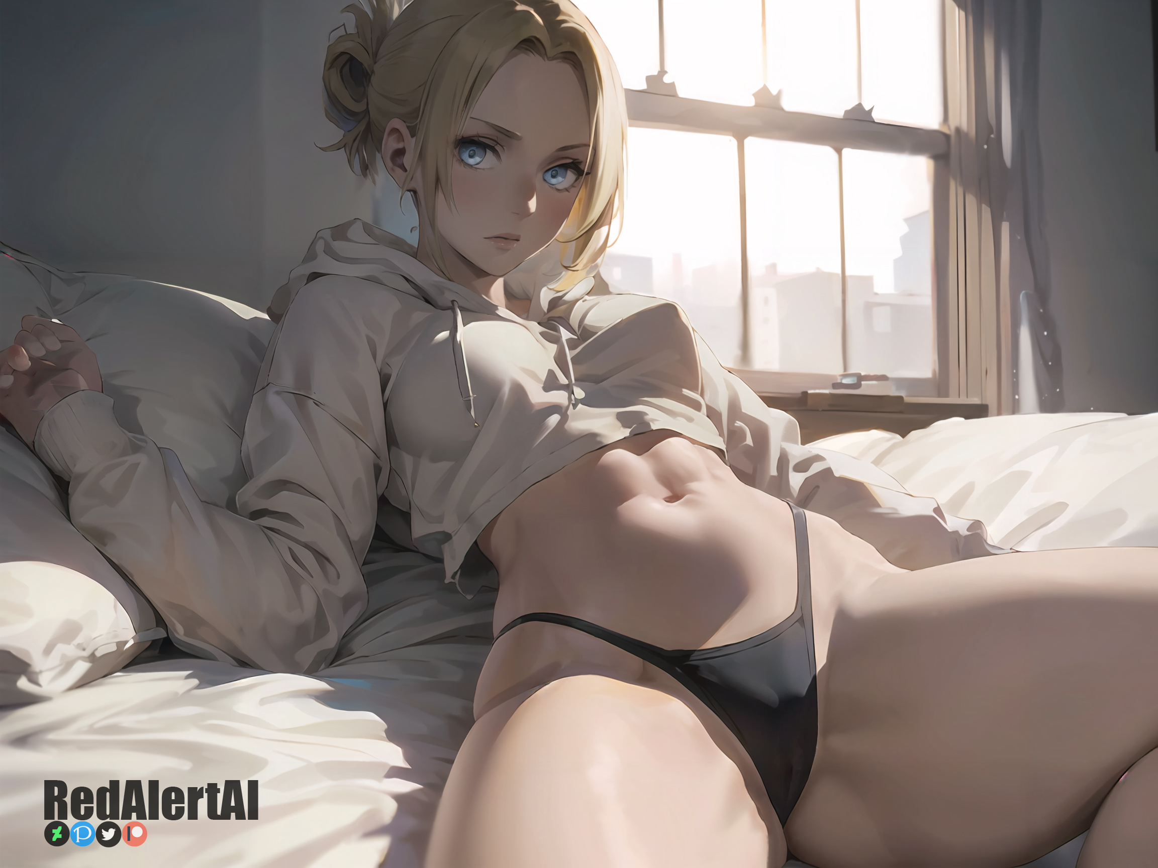 1girls, ai generated, annie leonhardt, artist name, artist signature, attack on titan, big breasts, blonde female, blonde hair, blue eyes, breasts, crop top, curvaceous, female, female focus, female only, hoodie, lying, lying on back, lying on bed, on back, panties, redalertai, shingeki no kyojin, solo, solo female, solo focus, thick thighs, thighs, thong, tied hair, underwear, watermark